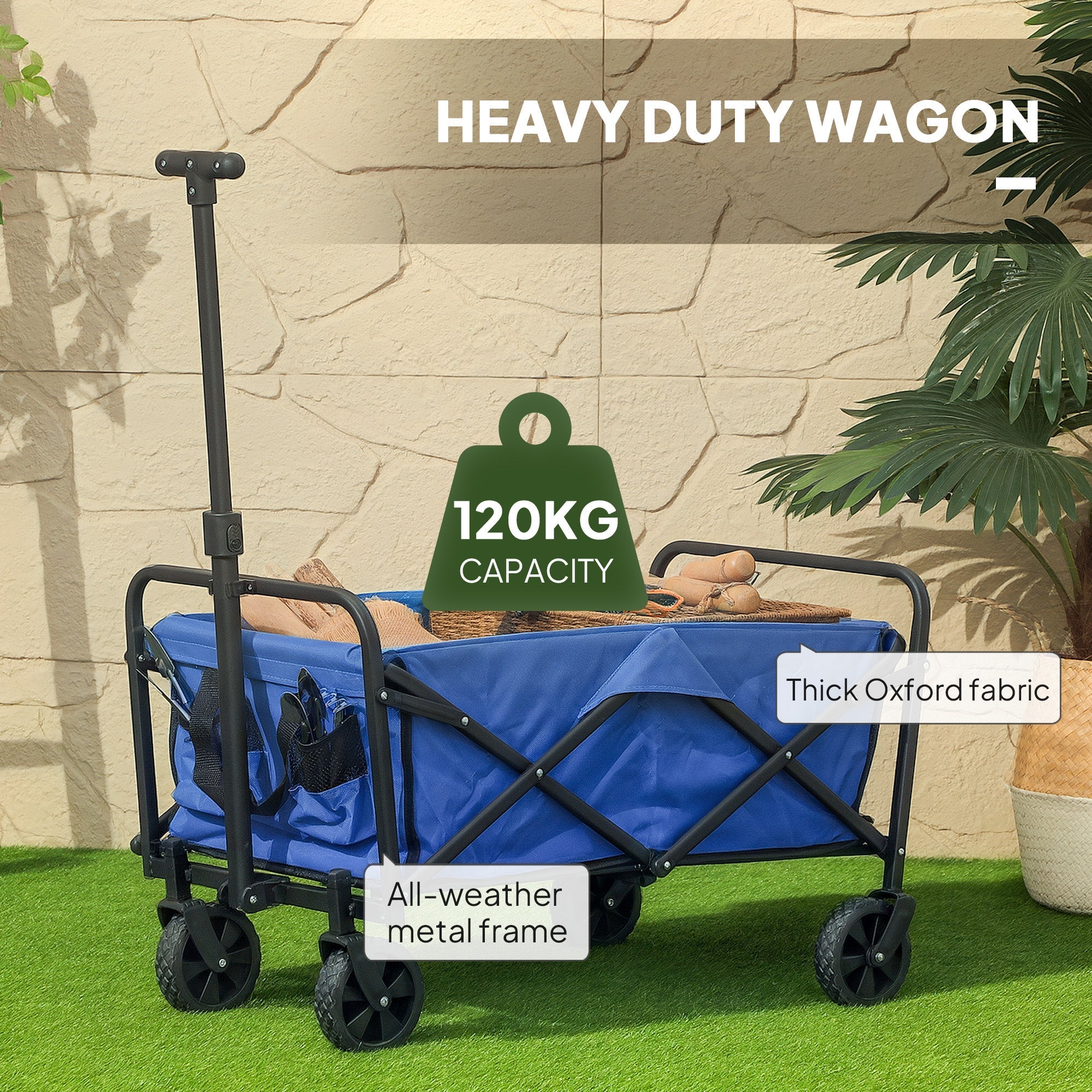 Blue outsunny foldable wagon with black metal frame made from splash-resistant oxford fabric for camping and festivals