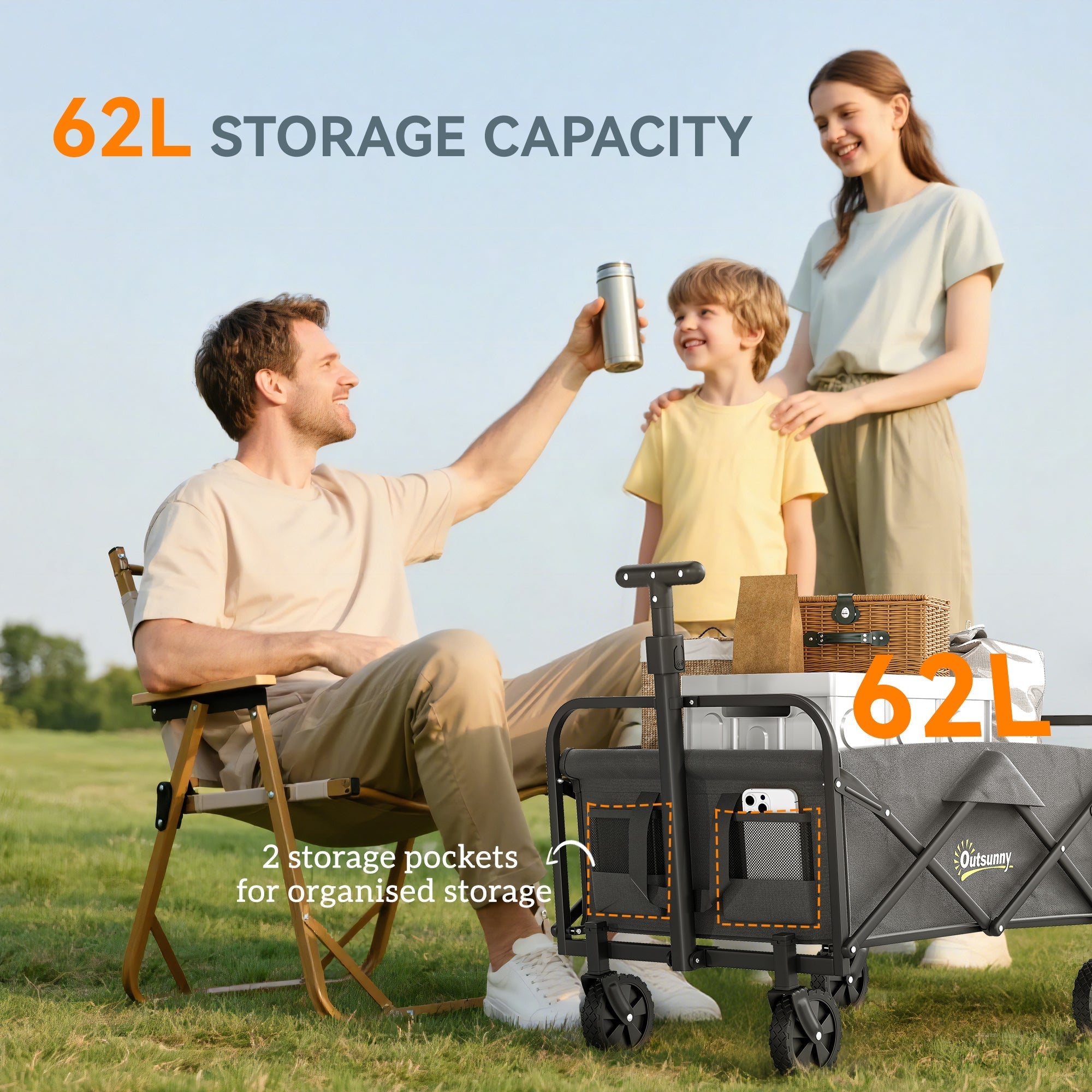 Black foldable wagon with 62l splash-resistant oxford fabric cargo bag and side pockets for organized storage