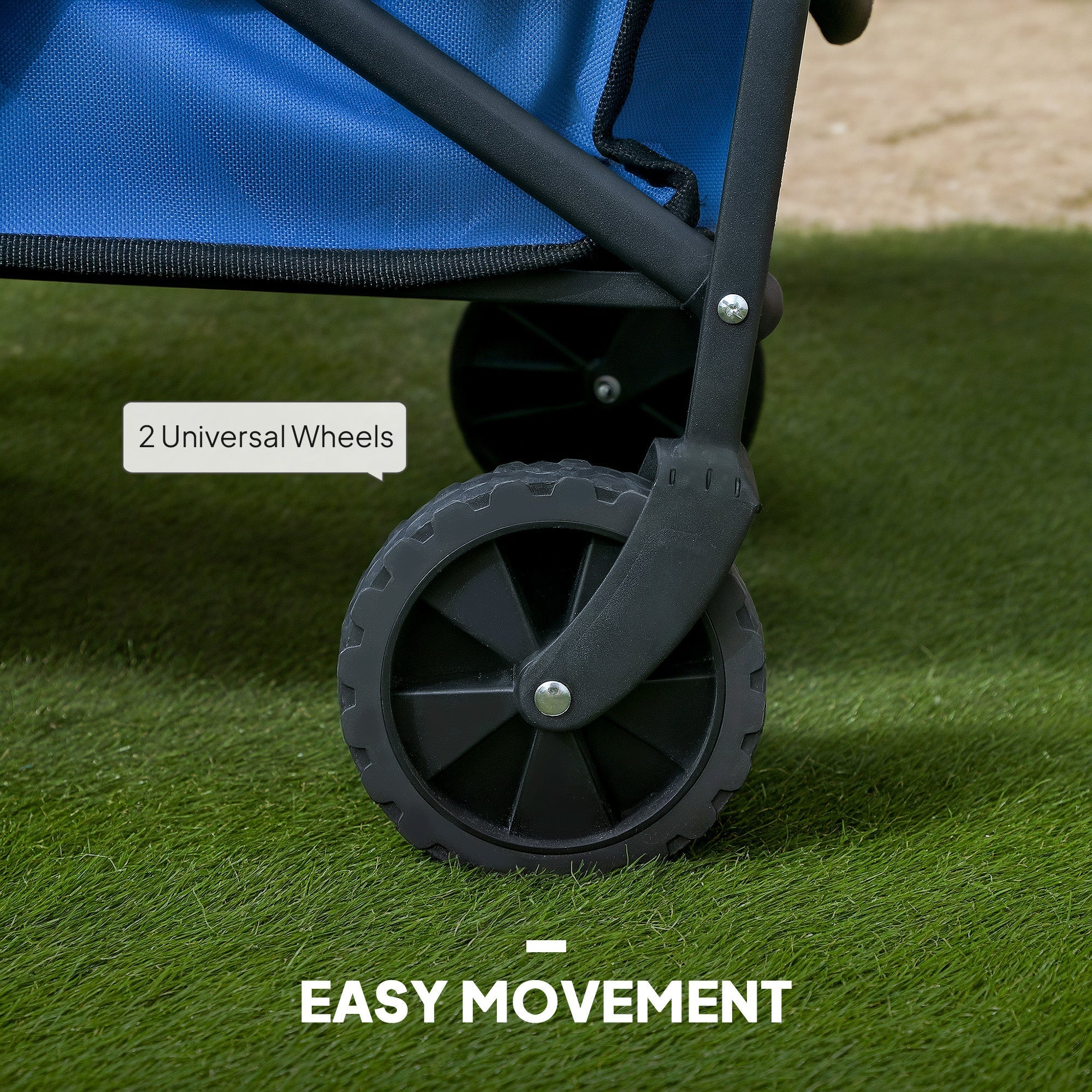 Black rubber wheel with durable tread and plastic hub on blue outsunny festival trolley with splash-resistant oxford fabric cargo bag