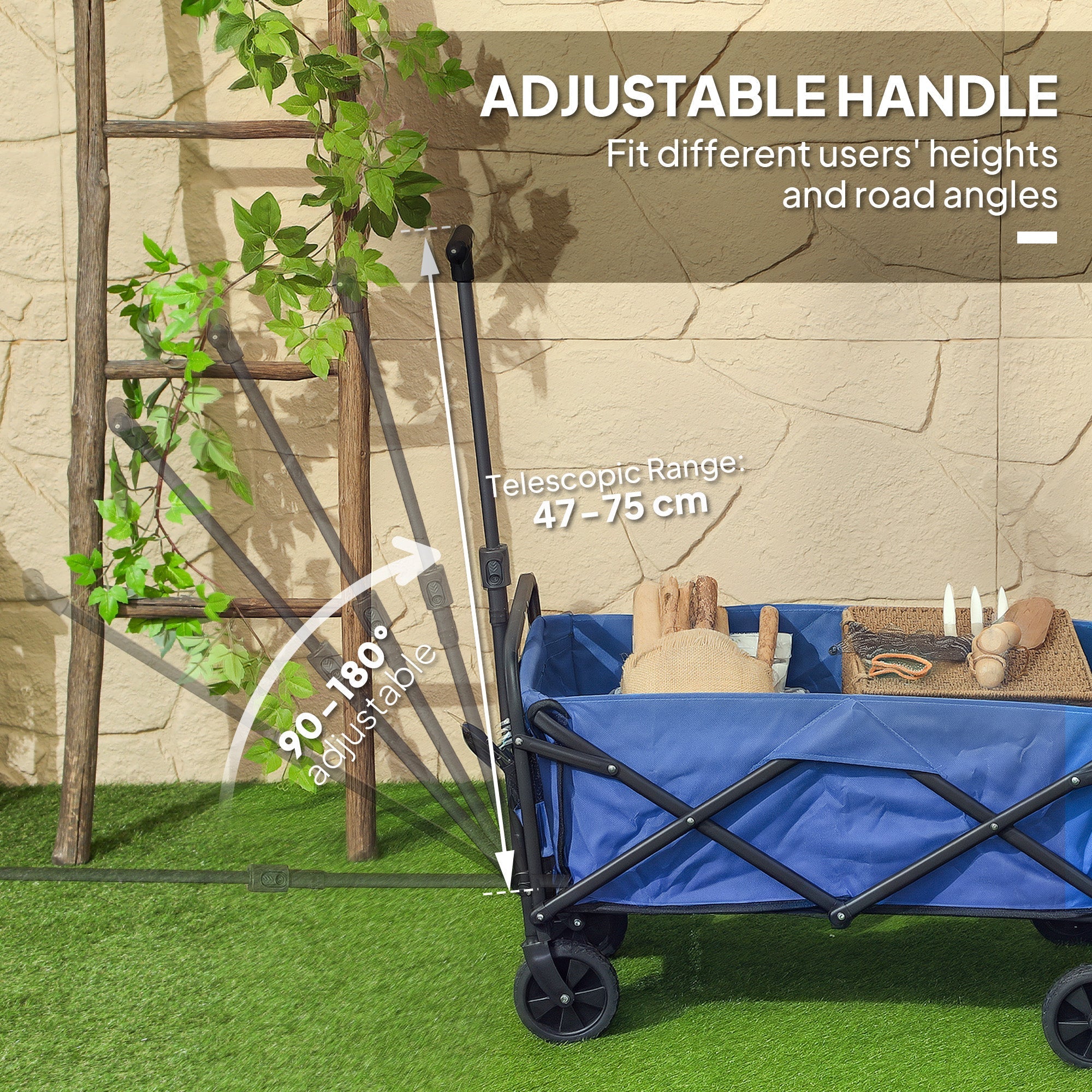 Blue oxford fabric outsunny 62l foldable trolley wagon with splash-resistant cargo bag and adjustable telescopic handle