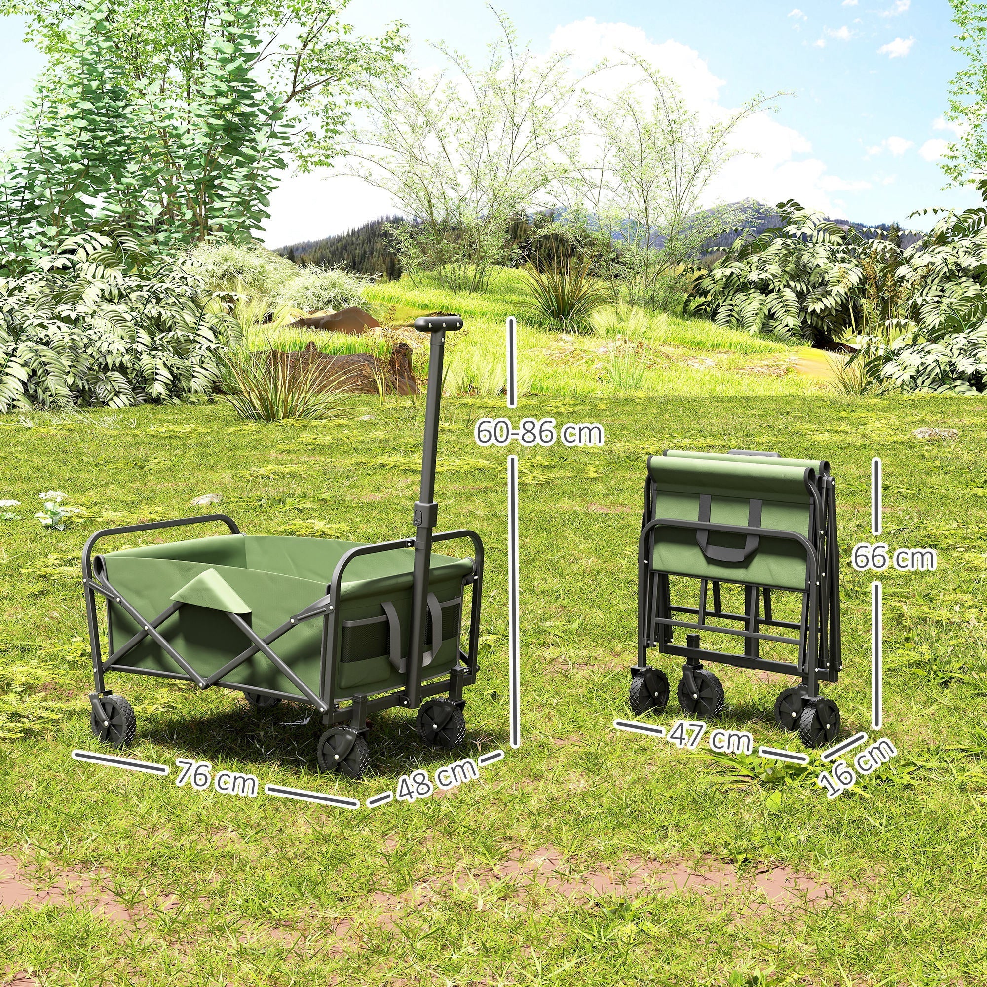 Green oxford fabric collapsible festival trolley cart with black frame and wheels cargo bag included