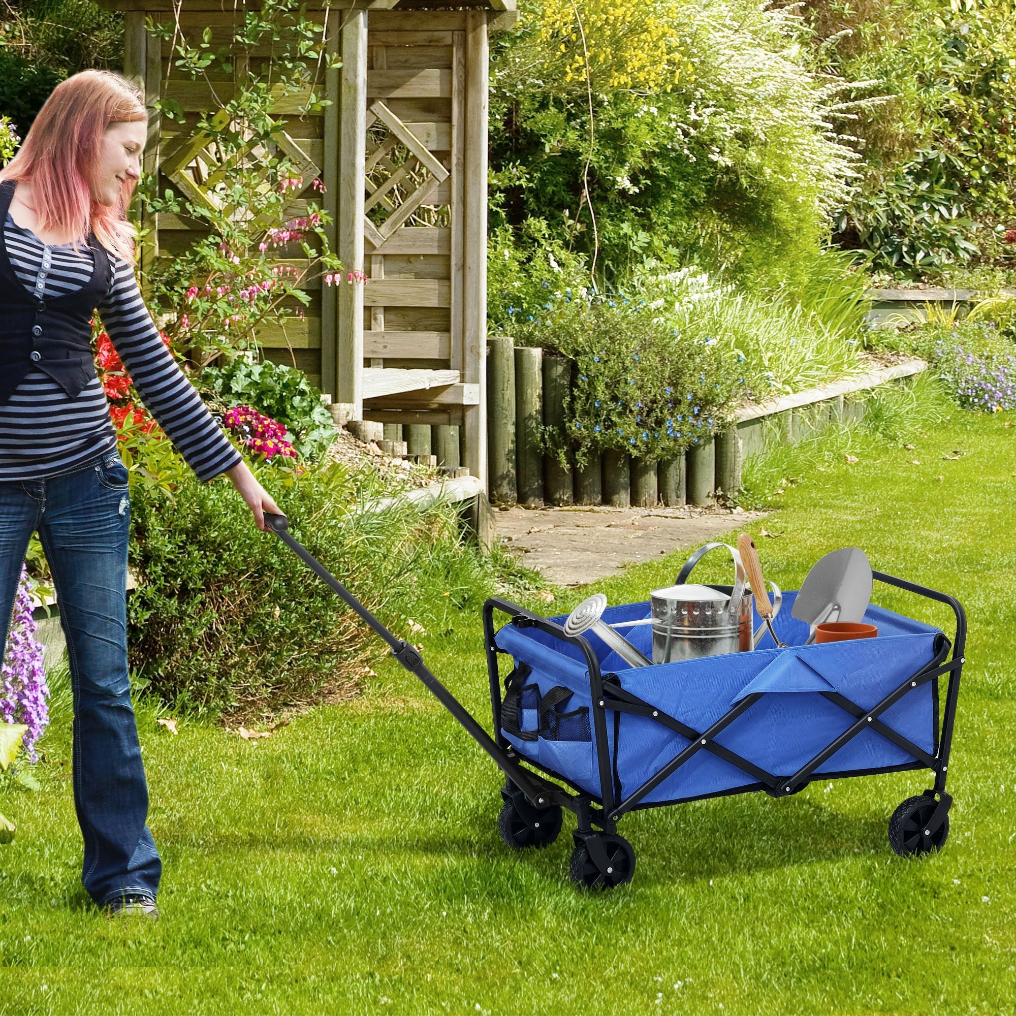 Blue foldable garden wagon with black frame and wheels made of splash-resistant oxford fabric cargo bag included