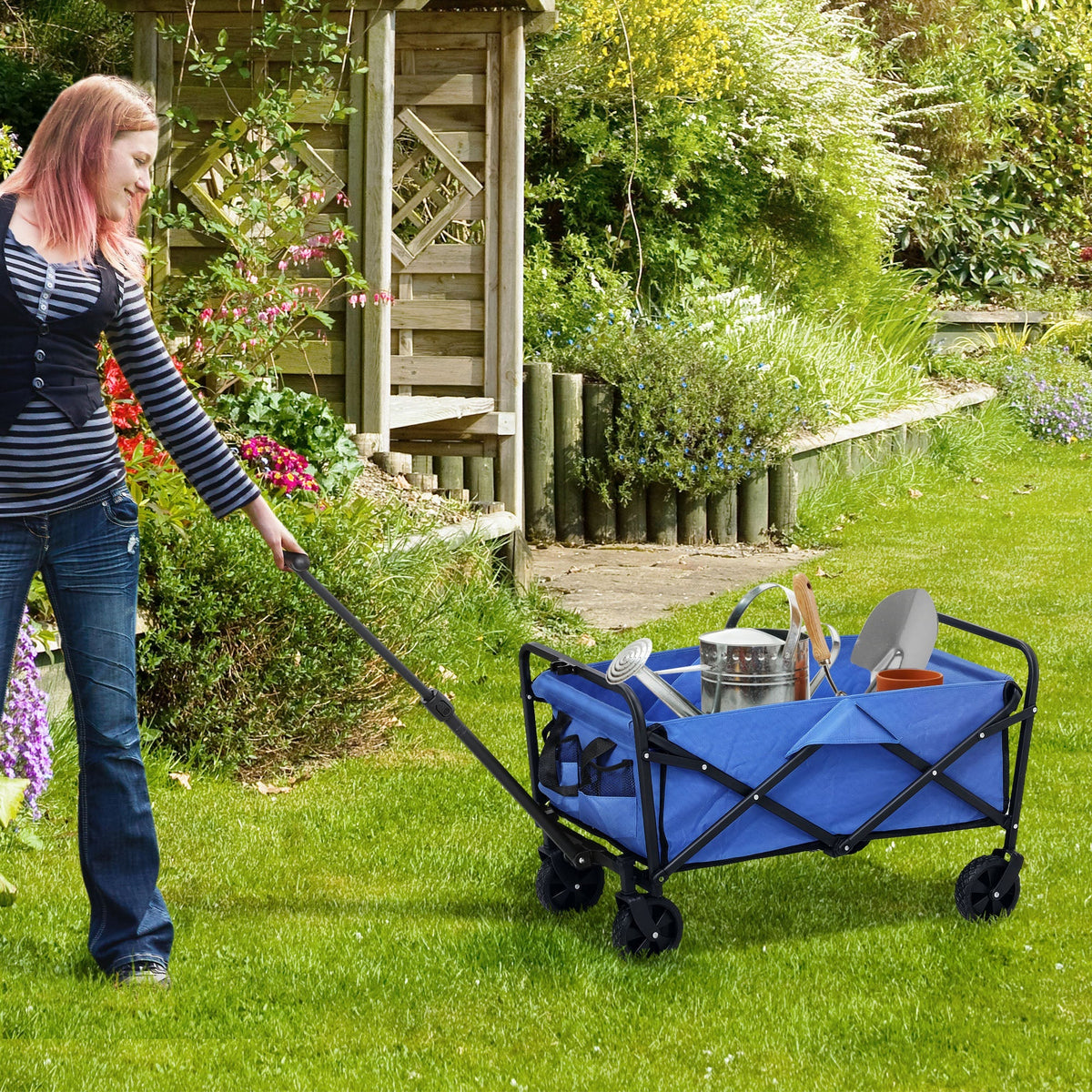 Blue foldable garden wagon with black frame and wheels made of splash-resistant oxford fabric cargo bag included
