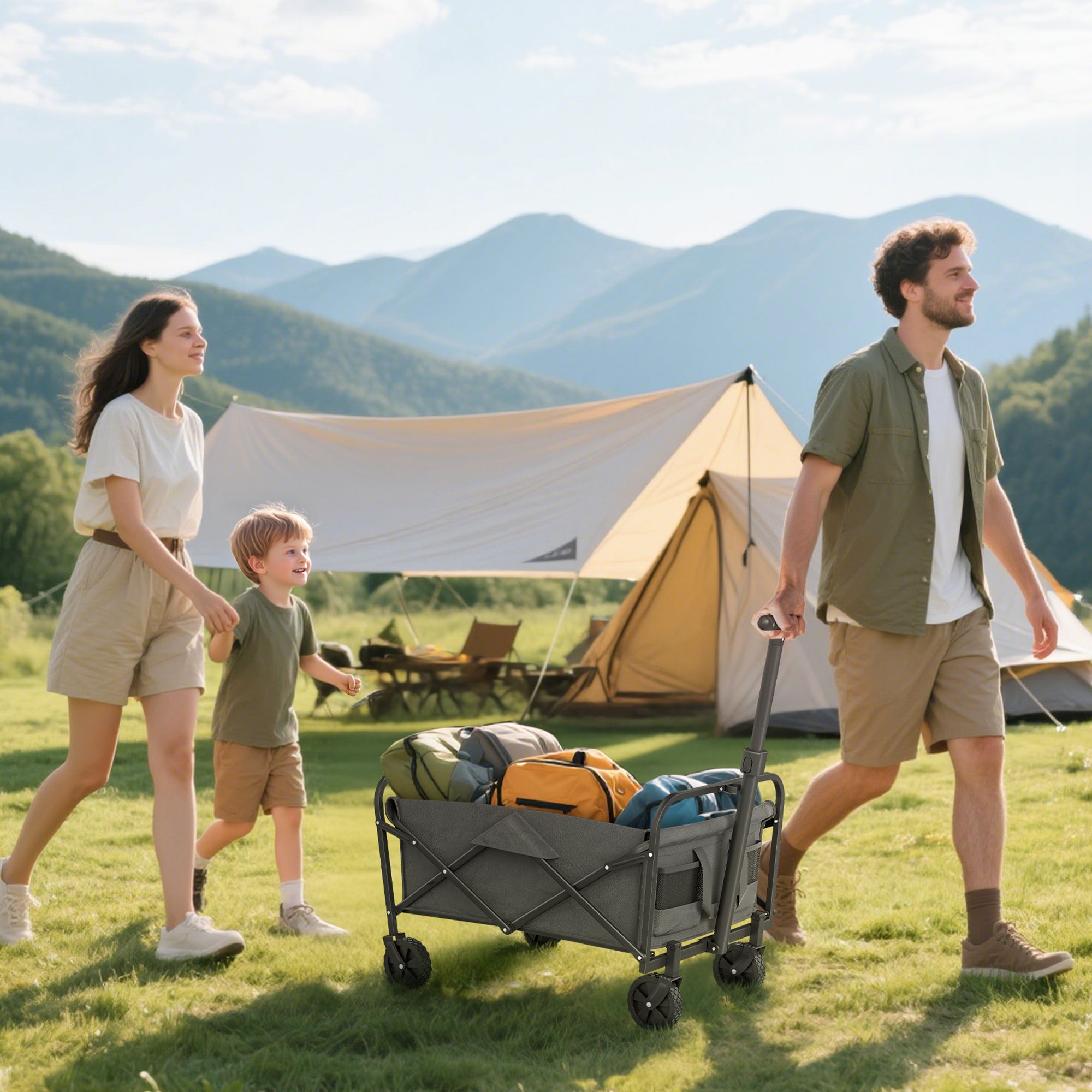 Gray foldable camping wagon made of splash-resistant oxford fabric with black wheels and adjustable handle cargo bag included
