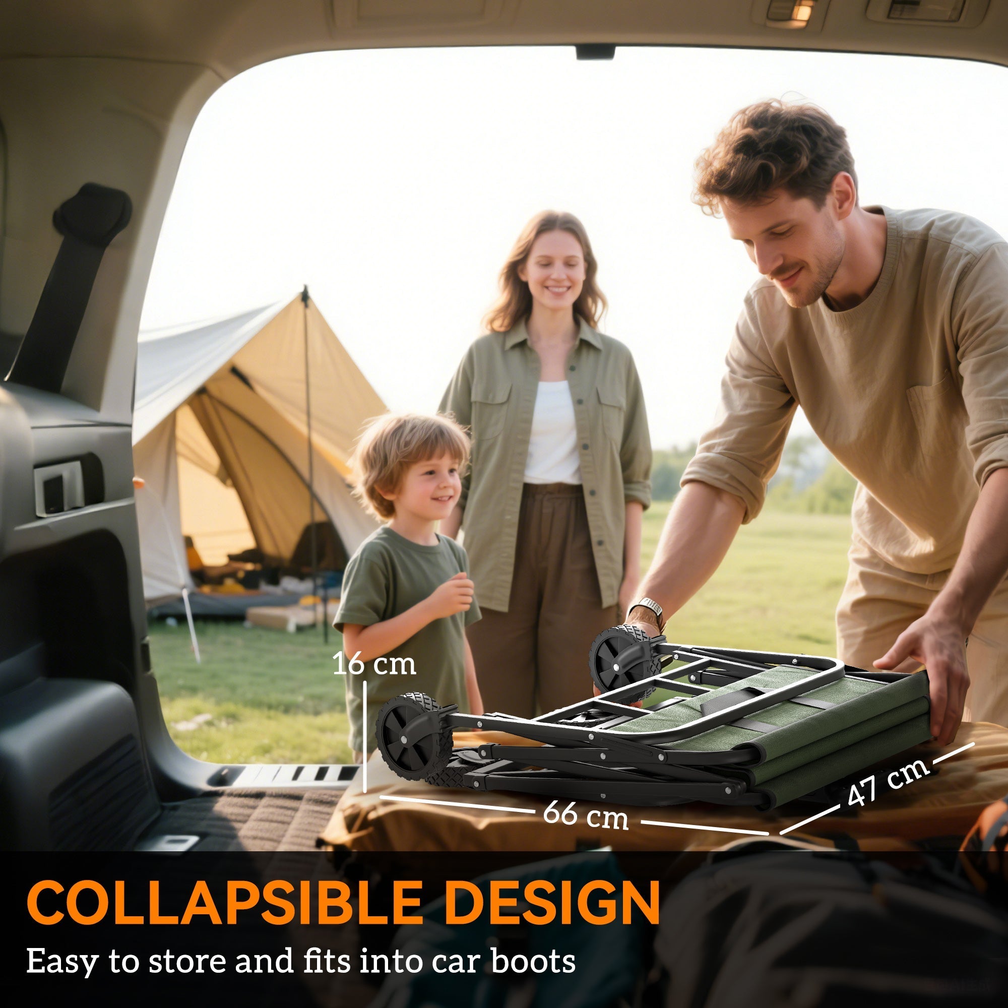 Green outsunny 62l collapsible camping cart with splash-resistant oxford fabric and black wheels for festivals and beach use