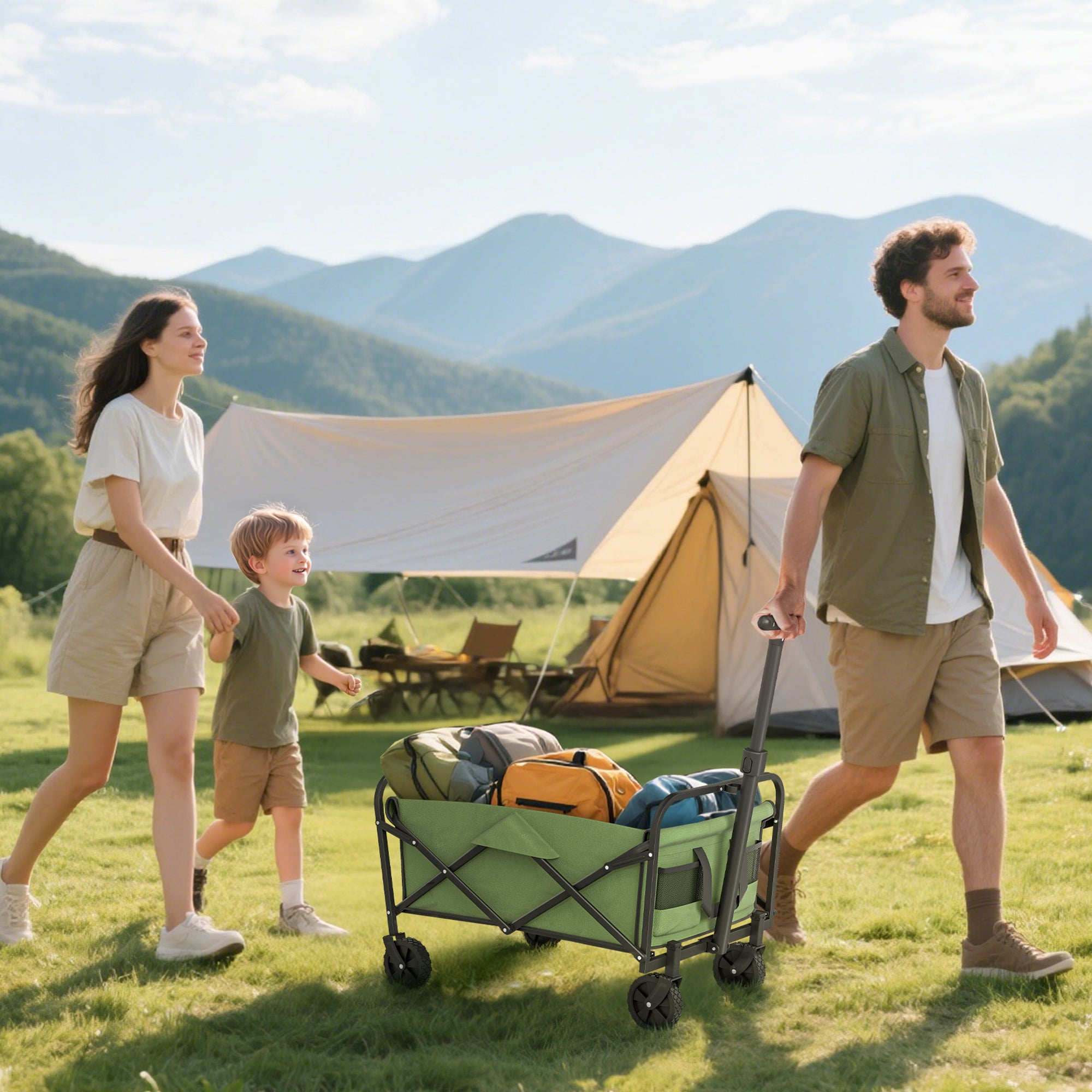 Green outsunny 62l foldable wagon with black metal frame made of splash-resistant oxford fabric cargo bag included