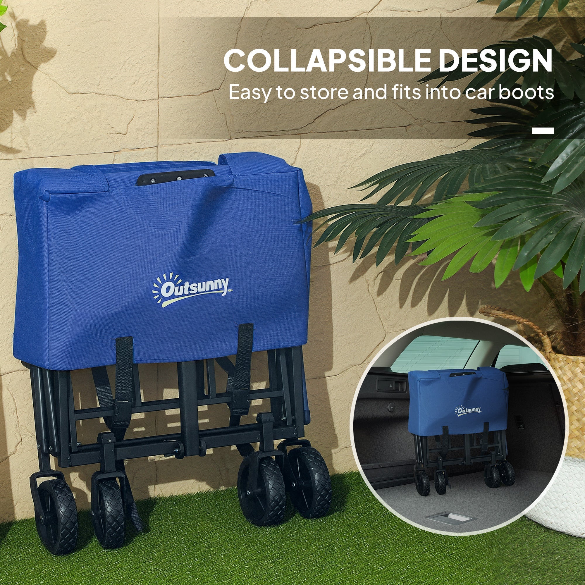 Blue outsunny collapsible wagon with black metal frame made of splash-resistant oxford fabric perfect for camping and beach use