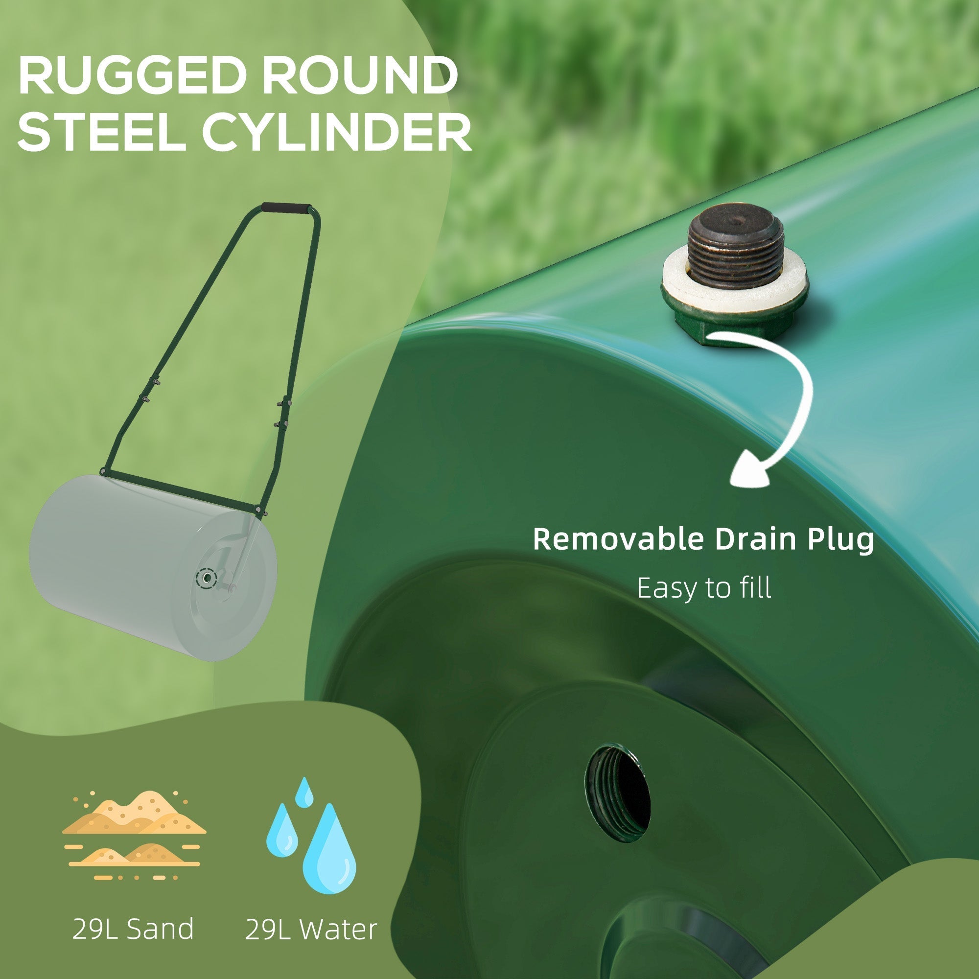 Outsunny 63 L Heavy Duty Water Or Sand Filled \'ce\'a630cm Garden Steel Lawn Roller Drum - Dark Green