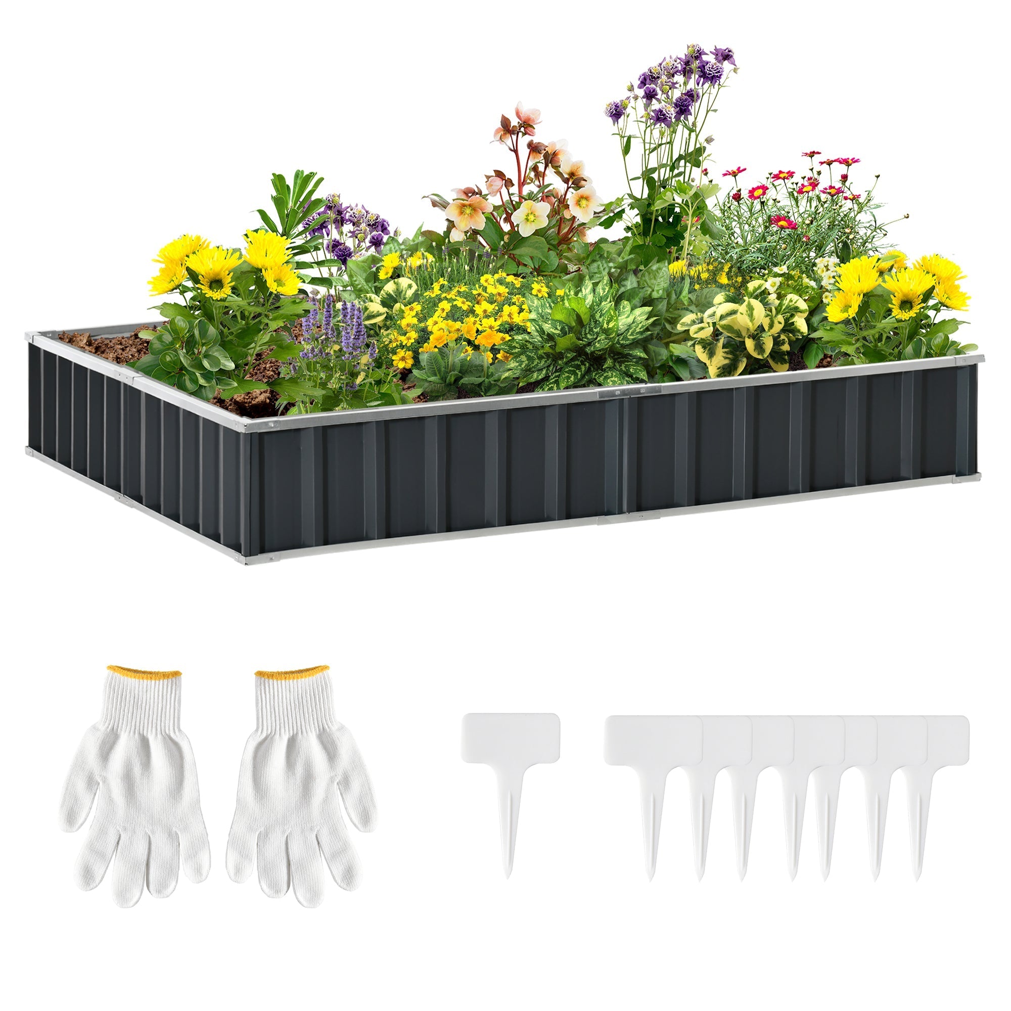 Black corrugated metal planter box with silver trim filled with colorful flowers to start growing in your garden bed