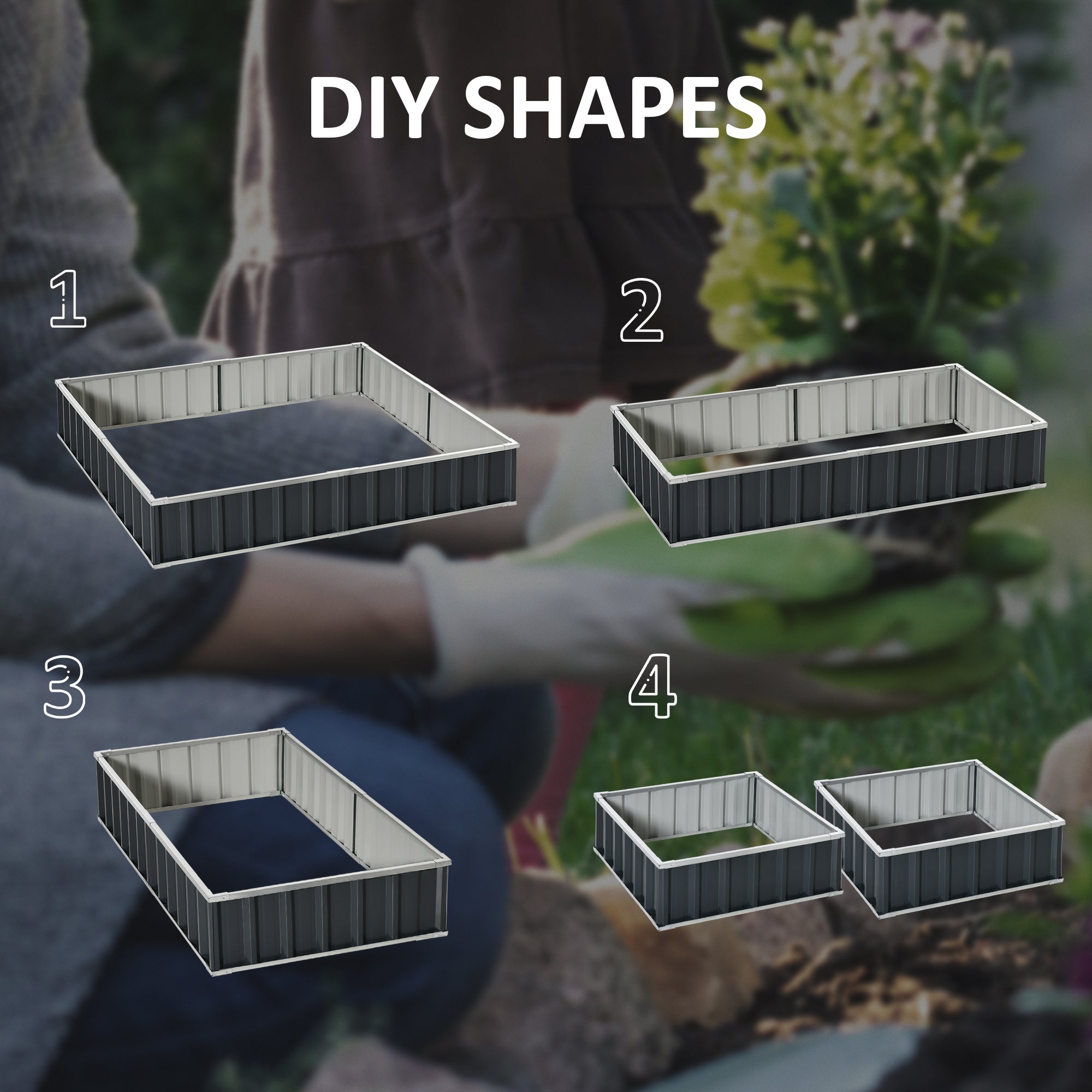 Black and silver metal planter box with vertical slats large garden bed to start growing veggies and herbs backyard patio