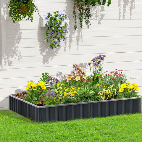 Black corrugated plastic Outsunny metal planter box garden bed filled with colorful flowers and greenery for starting growing