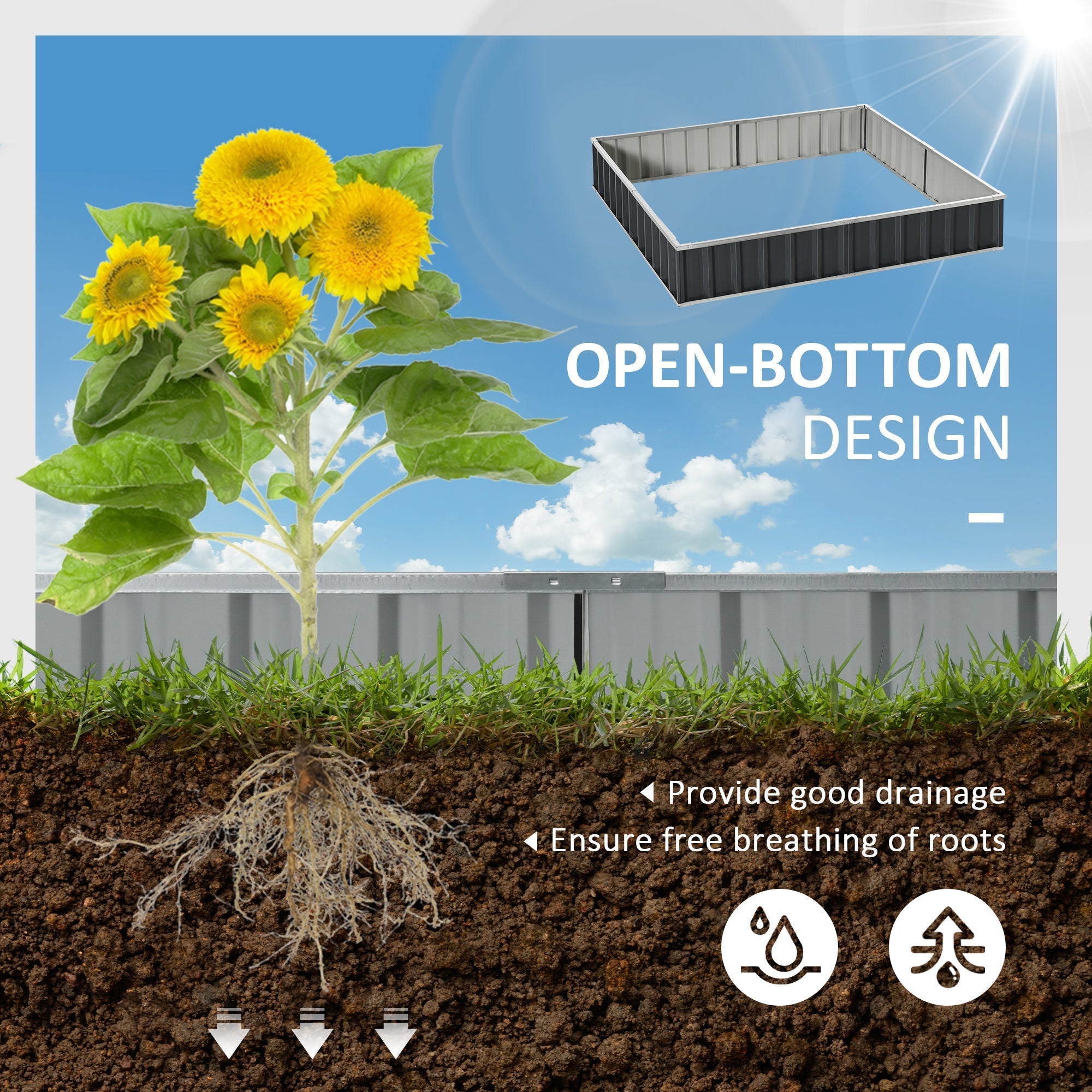 Gray metal planter box with open bottom steel design for backyard garden bed to start growing veggies and herbs