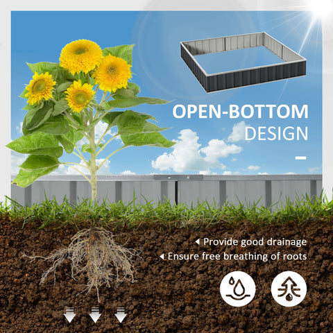 Gray metal planter box with open bottom steel design for backyard garden bed to start growing veggies and herbs