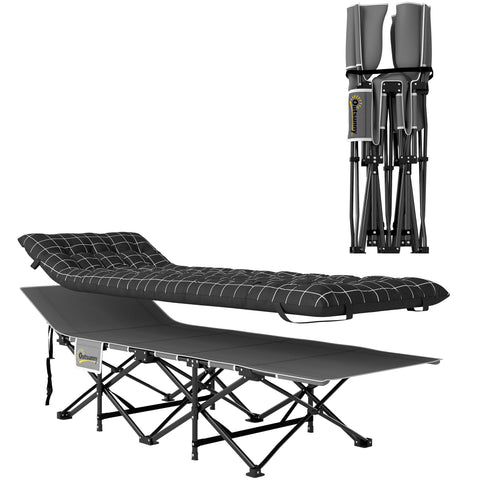 Black and gray outsunny foldable camping cot with quilted mattress, oxford fabric, storage pocket, and carry bag