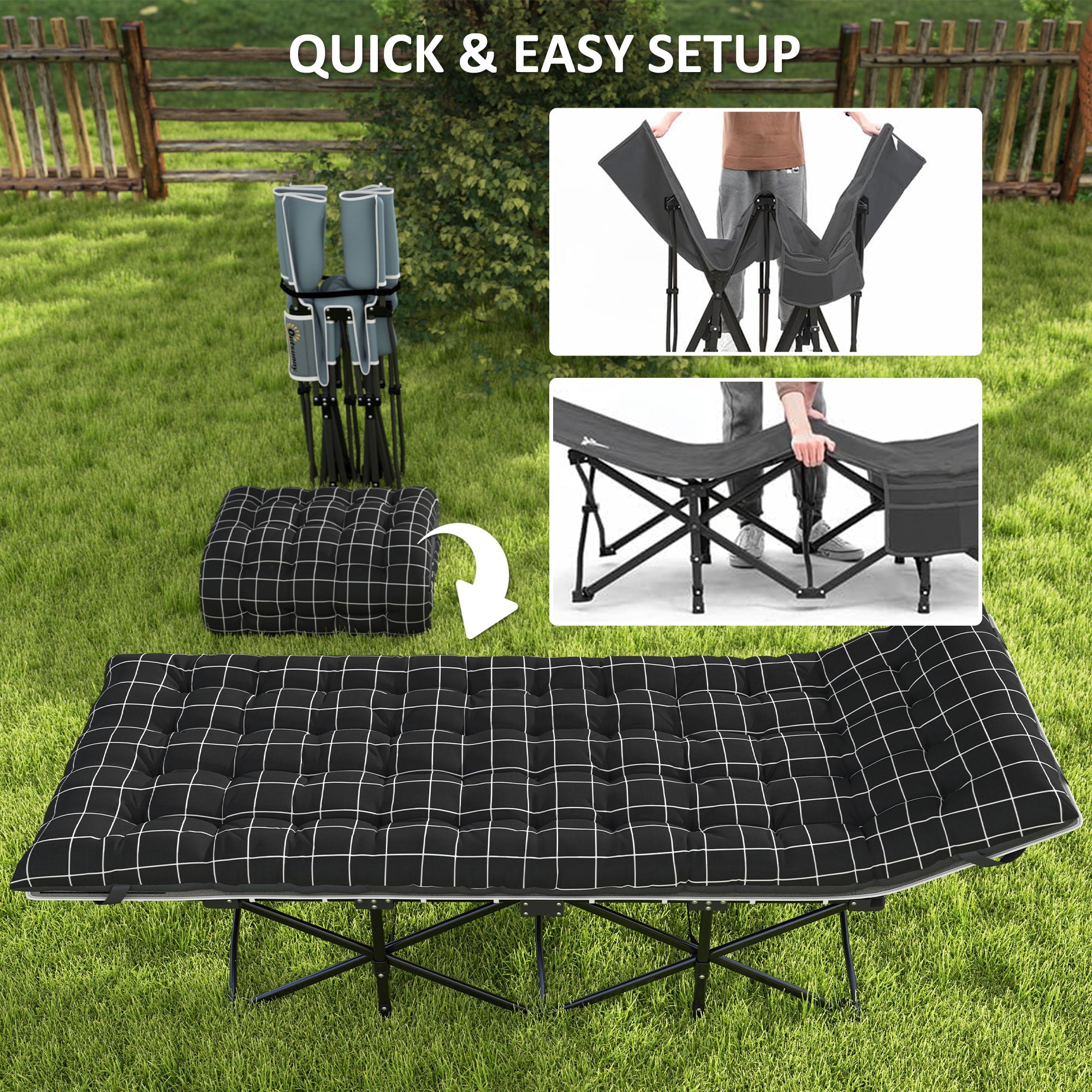 Outsunny black and white checkered foldable camping cot with padded mattress made of oxford fabric with storage pocket and carry bag