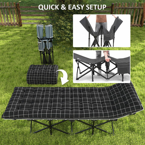 Outsunny black and white checkered foldable camping cot with padded mattress made of oxford fabric with storage pocket and carry bag