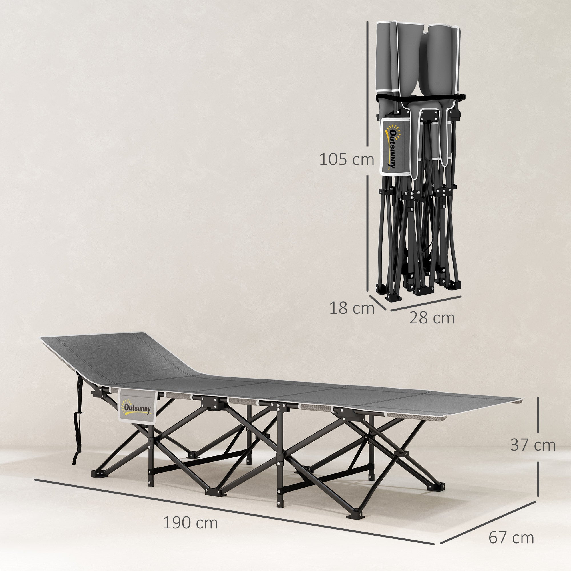 Gray oxford fabric folding cot with black metal frame outsunny with storage pocket and carry bag for camping adults
