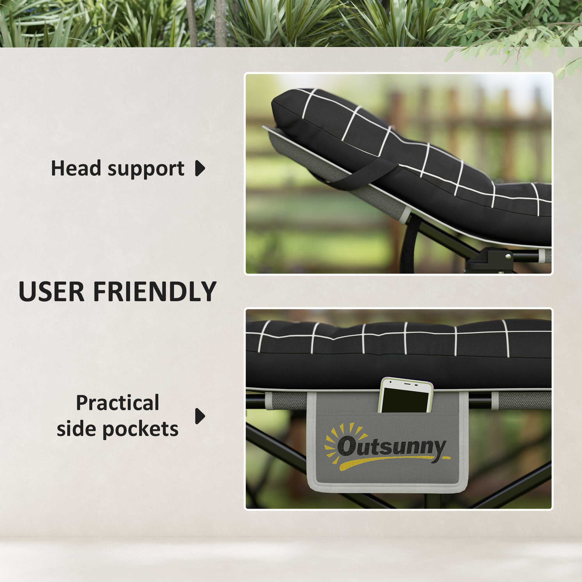 Black cushioned headrest on outsunny folding bed with white grid, oxford fabric trim, and storage pocket for carry bag