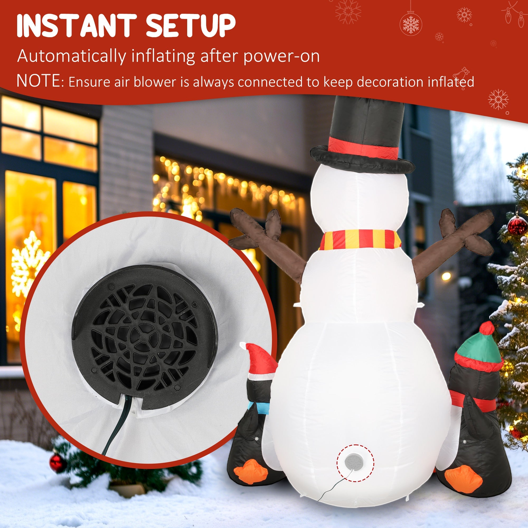 White inflatable snowman with led lights and two small penguins featuring ground stakes for indoor outdoor decor