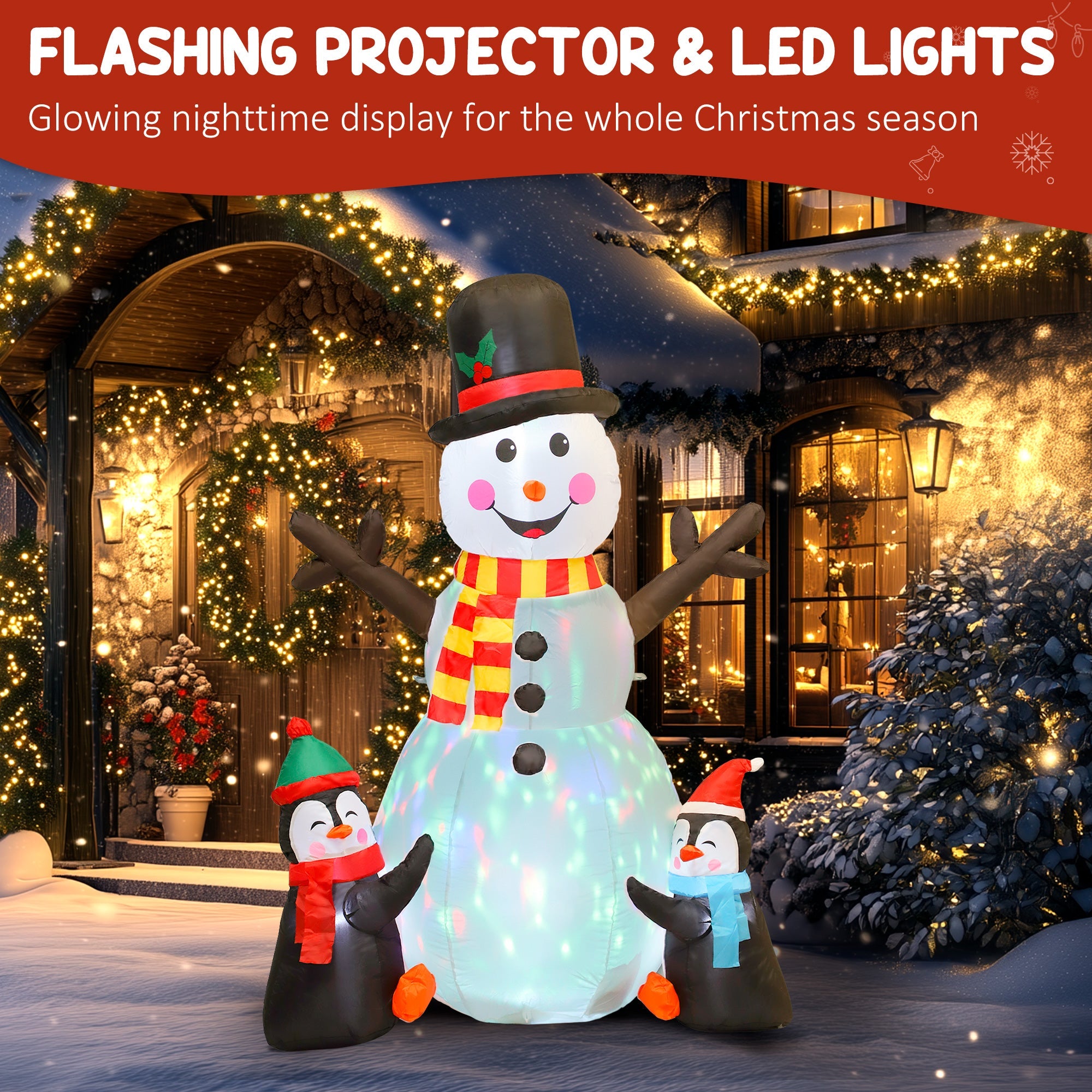 Inflatable snowman with black top hat red yellow scarf glowing blue body with led lights and ground stakes for outdoor decor