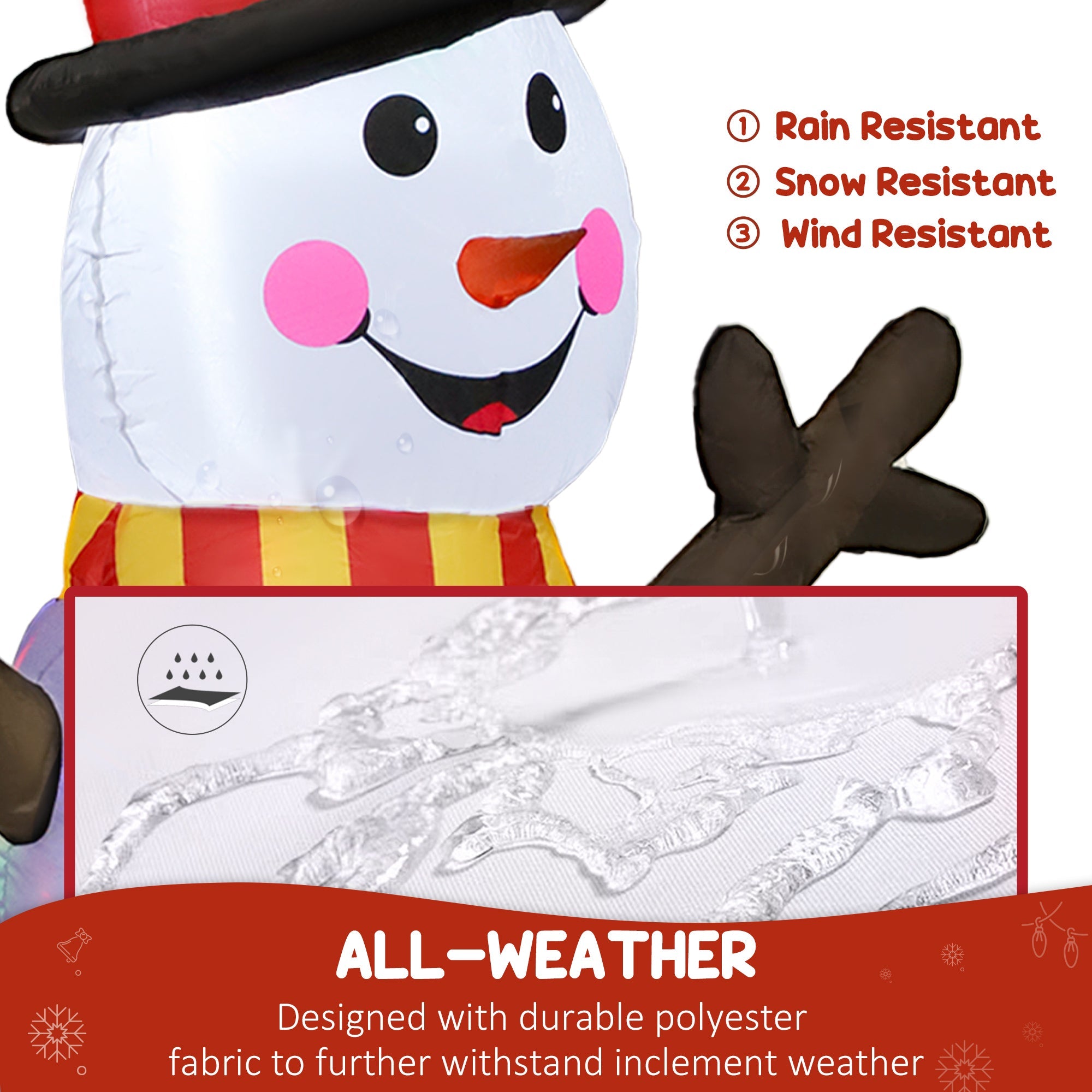 White inflatable snowman with black hat and red-yellow scarf featuring led lights and ground stakes for outdoor decor