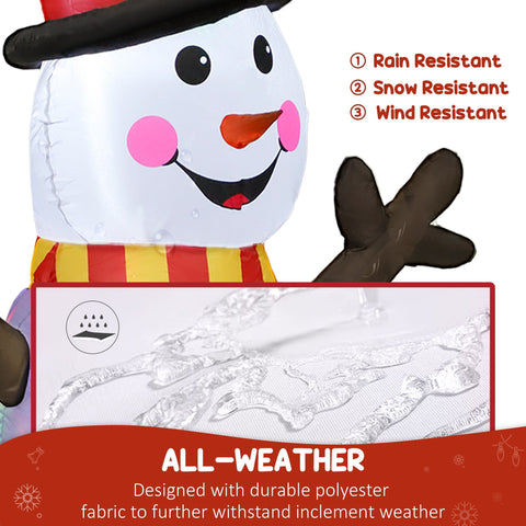 White inflatable snowman with black hat and red-yellow scarf featuring led lights and ground stakes for outdoor decor