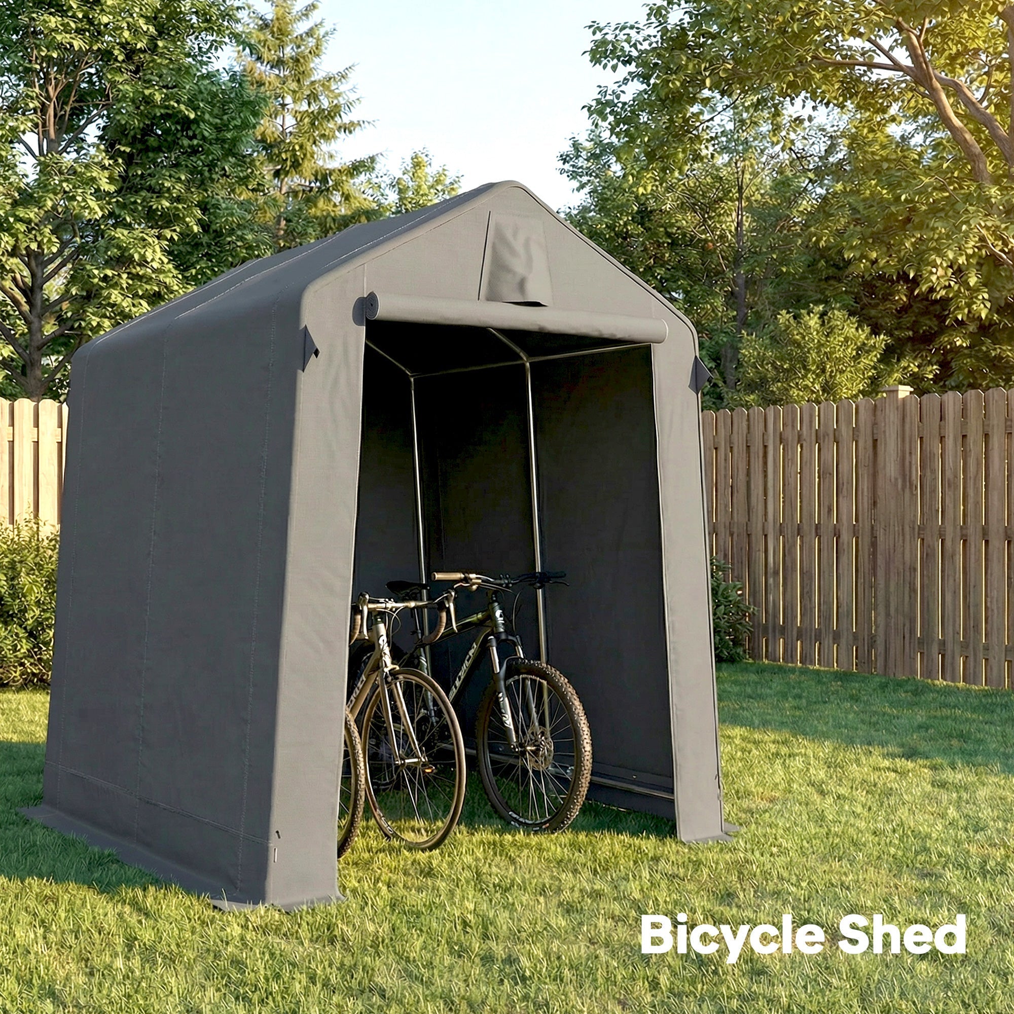 Gray outsunny garden storage shed with steel frame galvanised steel and open front holding two bikes
