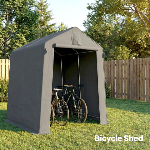 Gray outsunny garden storage shed with steel frame galvanised steel and open front holding two bikes
