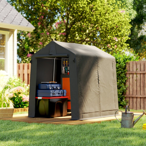 Outsunny dark grey garden storage shed with steel frame and galvanised steel roof housing stacked toolboxes and storage items