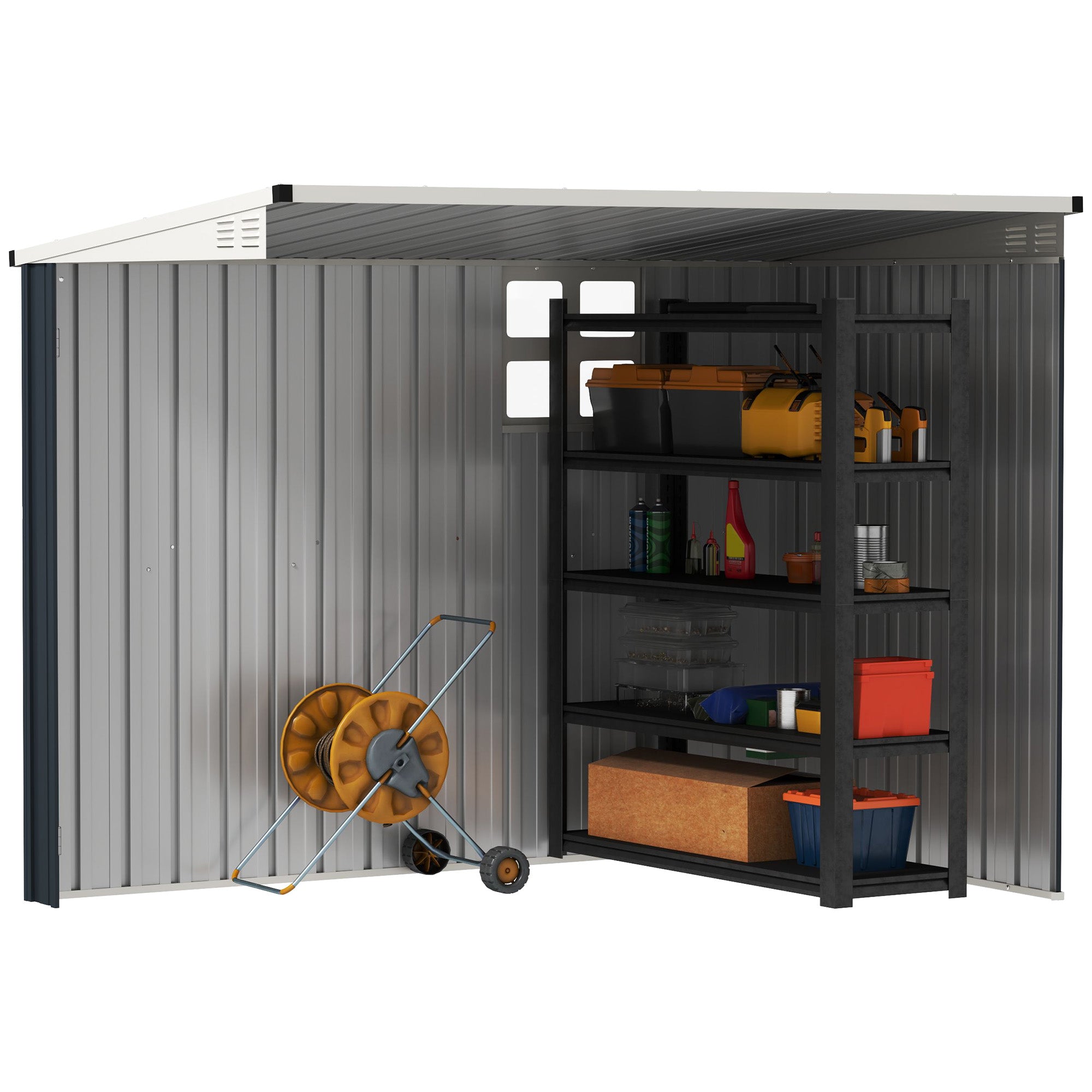Gray corrugated metal storage shed with white roof, lockable door, two vents, and black shelving inside by outsunny