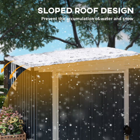 Beige and dark gray metal storage shed with sloped roof lockable door and two vents for outdoor garden use