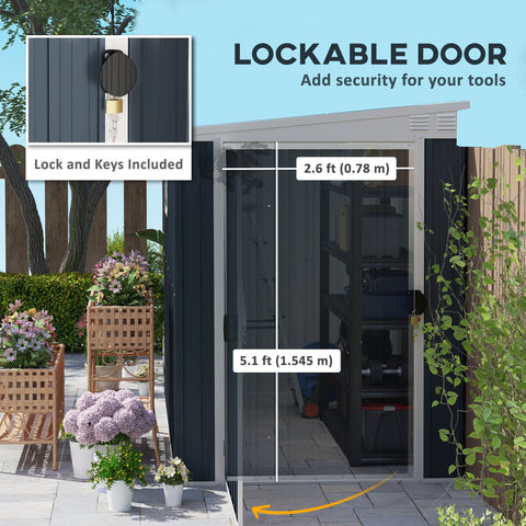 Black lockable door with gold hardware and keys on outsunny dark grey metal storage shed with two vents and window