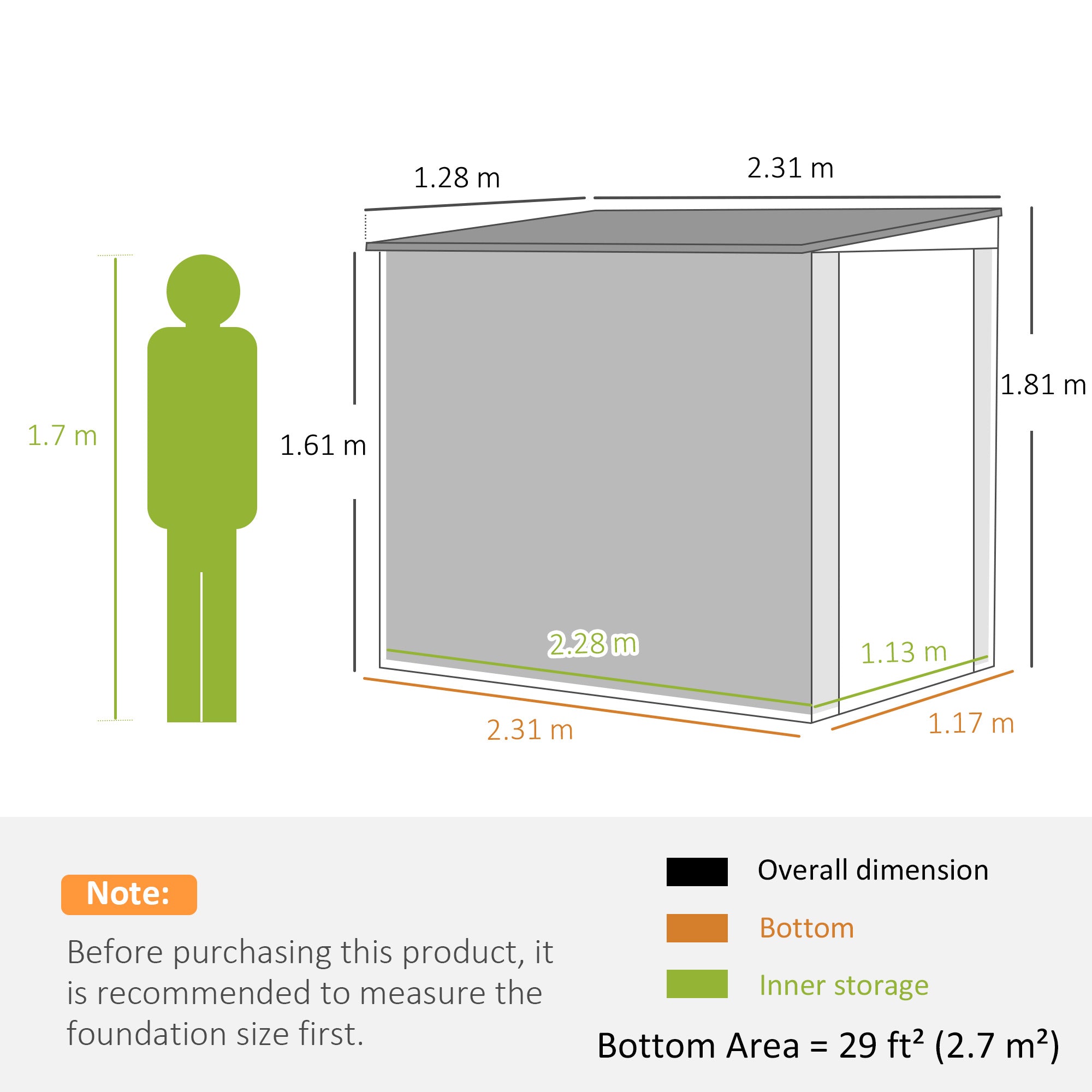 Gray metal storage shed 7.6 x 4ft with lockable door two vents and window for garden with green silhouette scale
