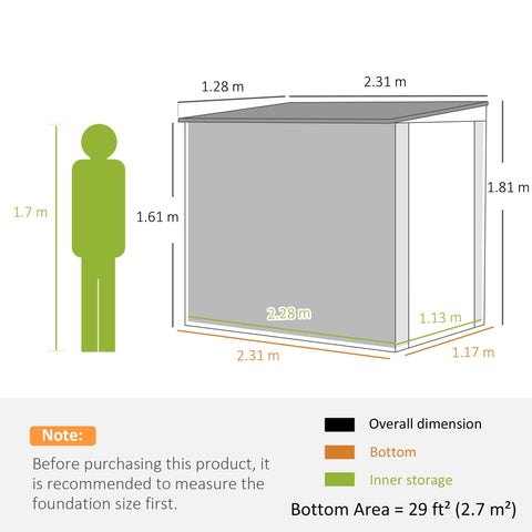 Gray metal storage shed 7.6 x 4ft with lockable door two vents and window for garden with green silhouette scale
