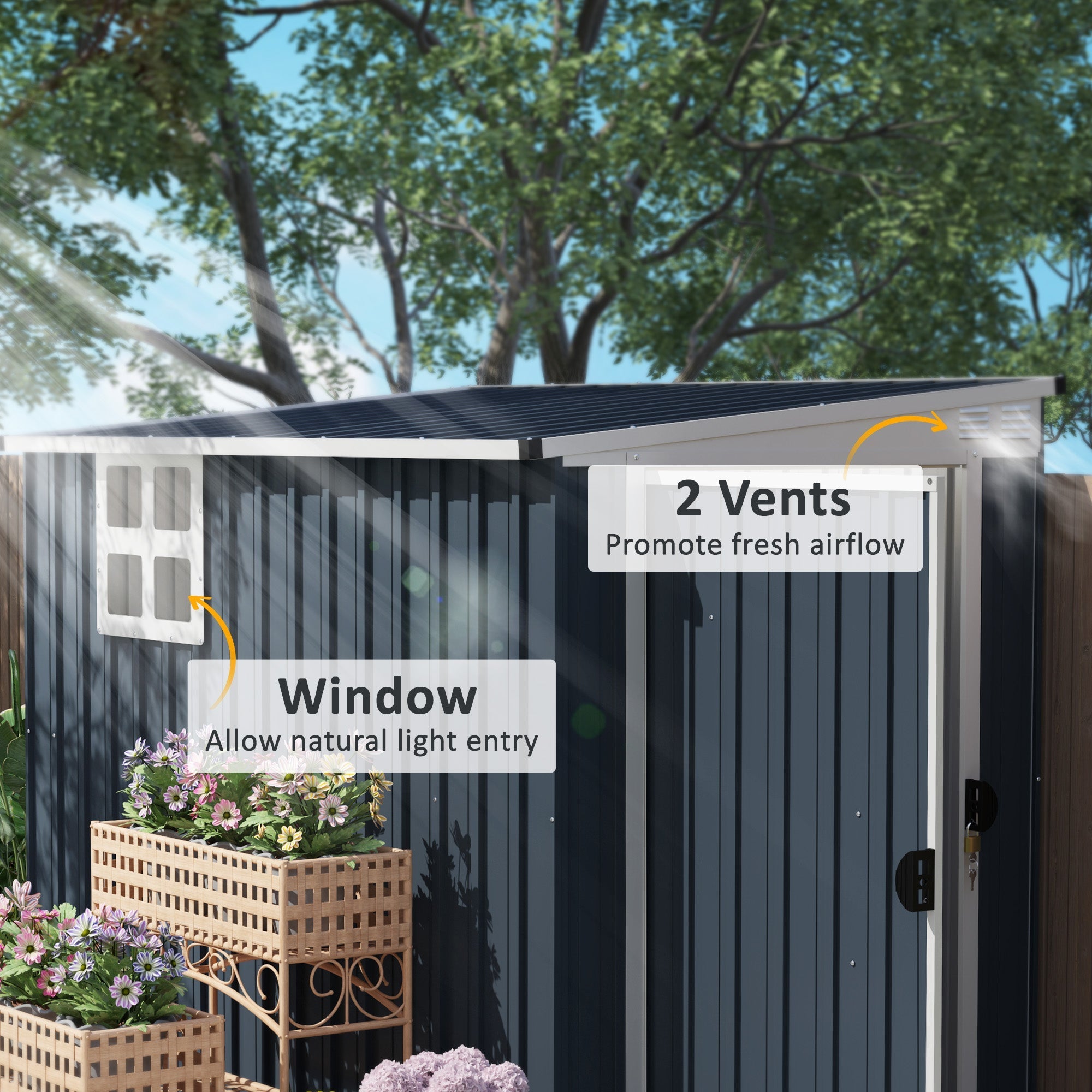 Dark gray metal storage shed with white-trimmed window, two vents, and lockable door for garden or patio use