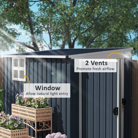Dark gray metal storage shed with white-trimmed window, two vents, and lockable door for garden or patio use