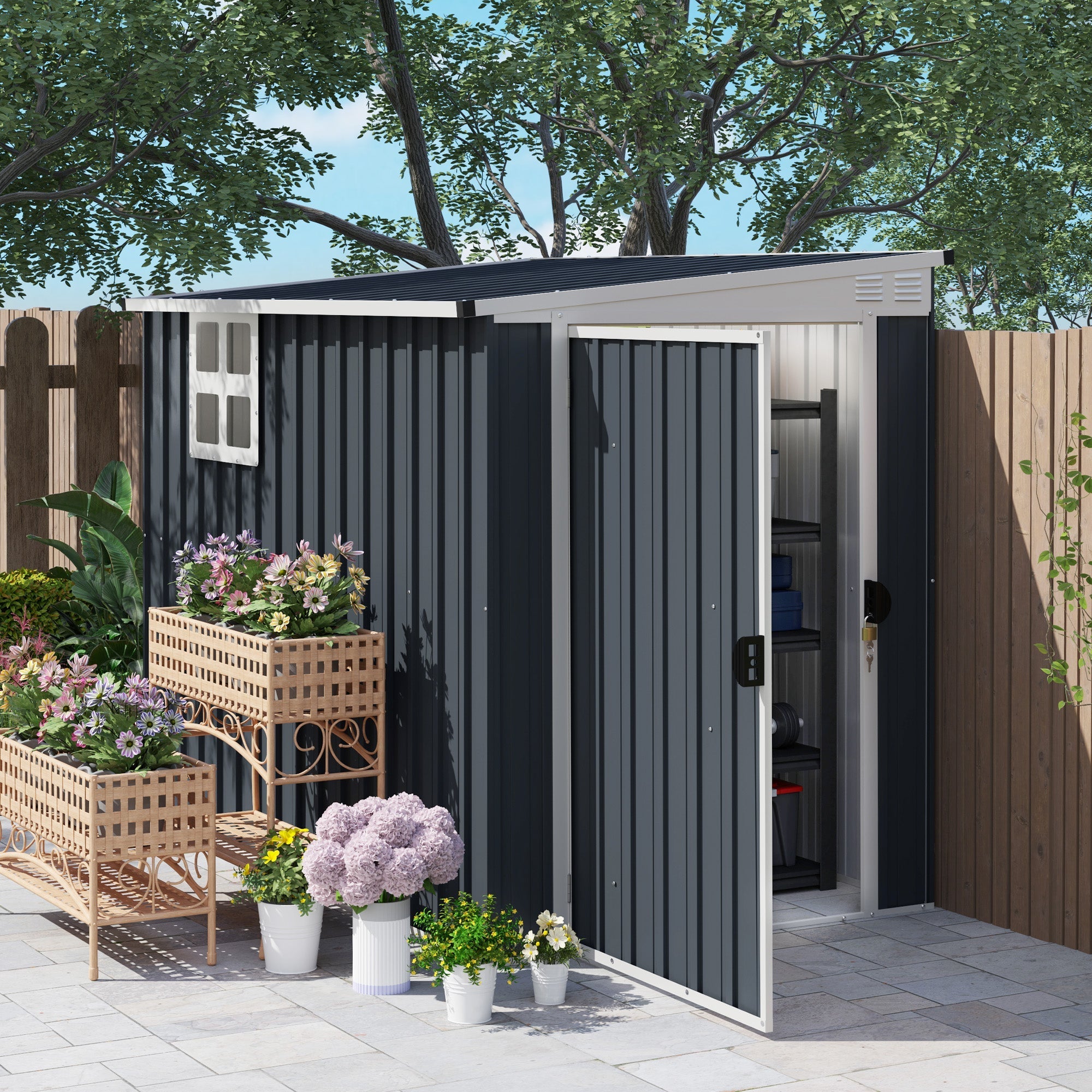 Dark gray metal outsunny garden shed with white trim slanted roof open door showing shelving lockable door two vents storage shed