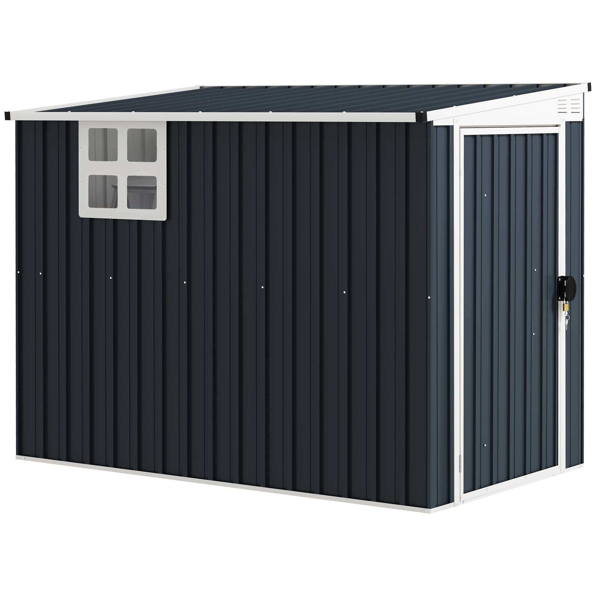 Dark gray metal storage shed with white trim, lockable door, small window, and two vents for garden patio use