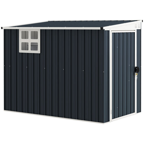 Dark gray metal storage shed with white trim, lockable door, small window, and two vents for garden patio use