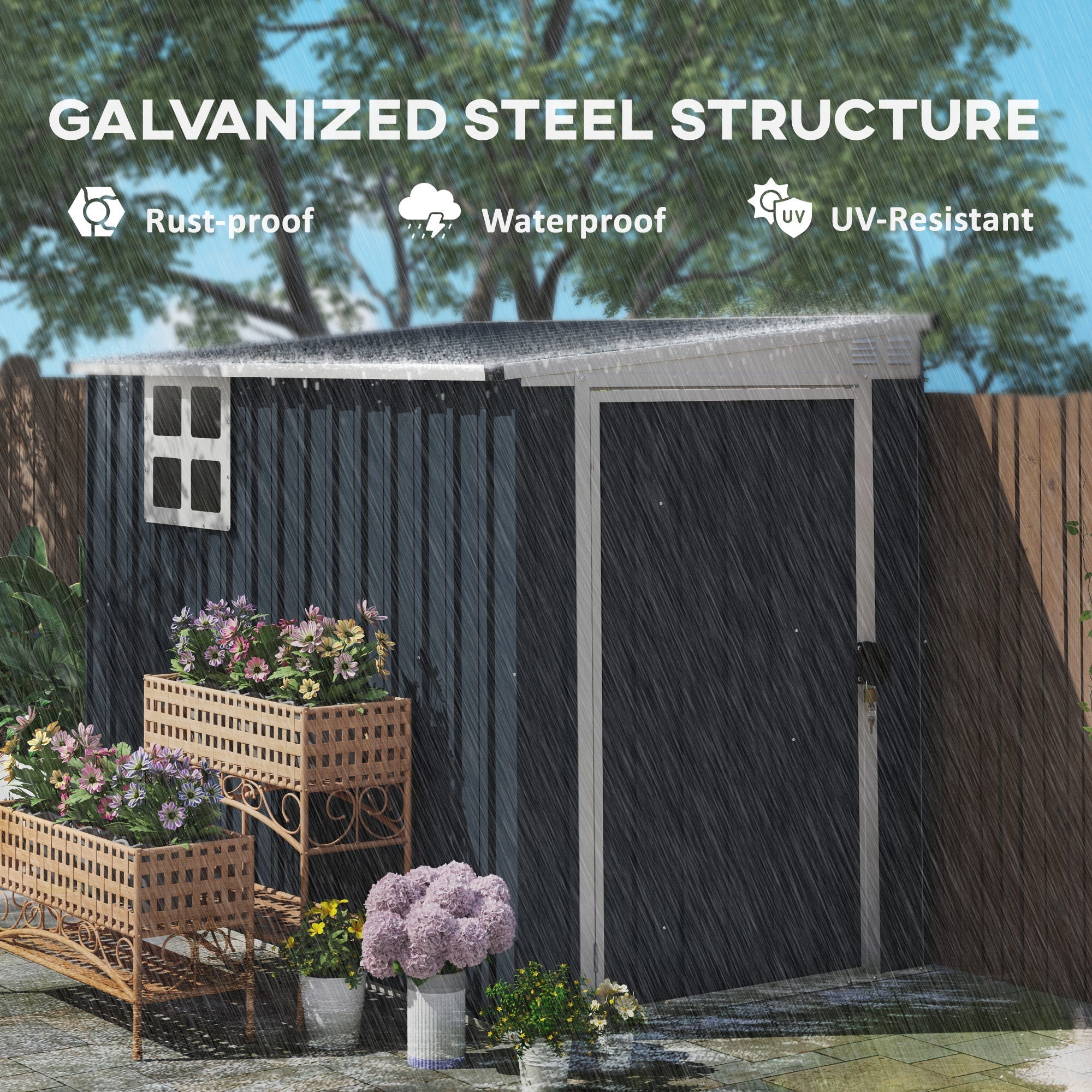 Black galvanized steel outsunny storage shed with lockable door, two vents, gray roof, and white-trimmed window