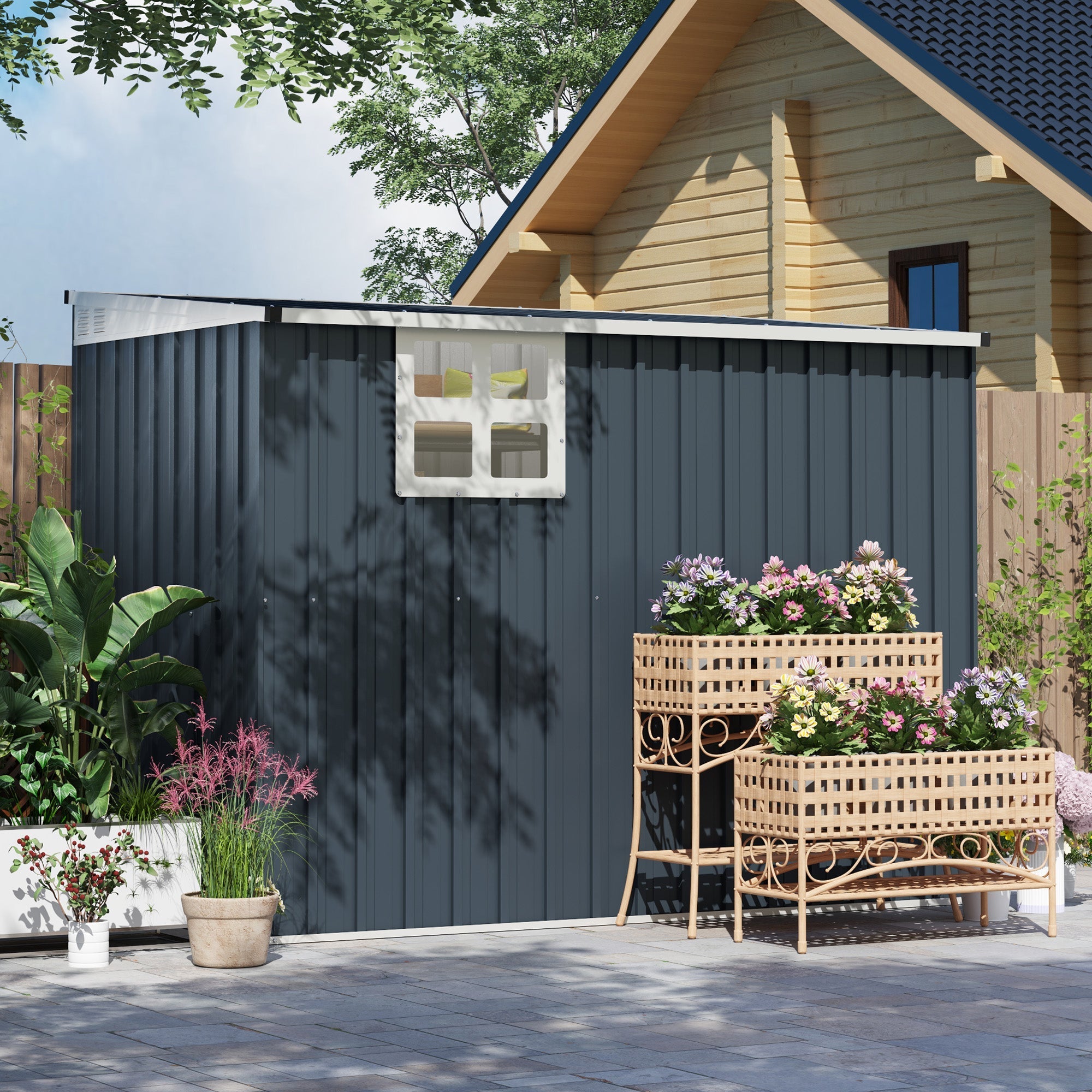 Dark gray metal outsunny garden storage shed with white window frame two vents and lockable door for outdoor use