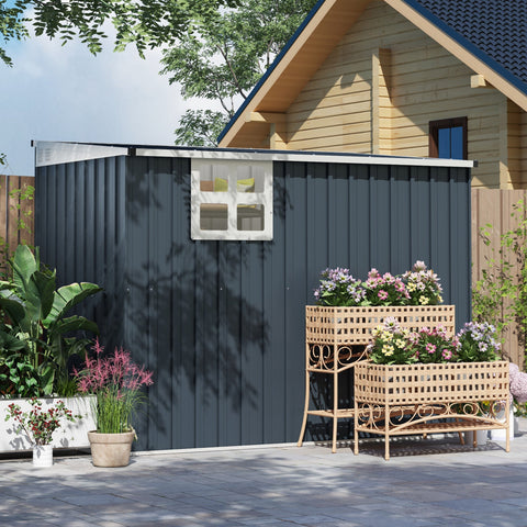 Dark gray metal outsunny garden storage shed with white window frame two vents and lockable door for outdoor use