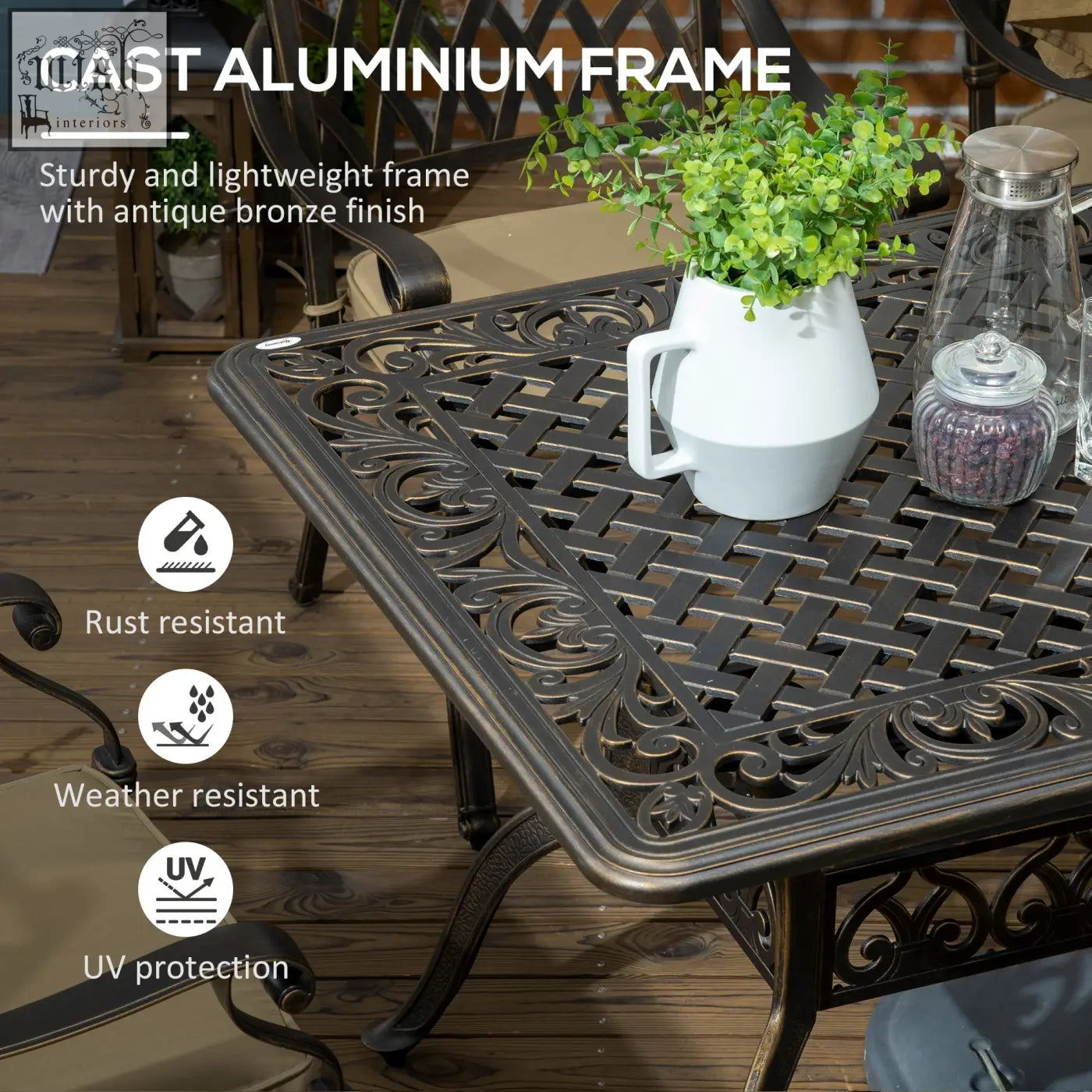 Cast aluminium dining table with six cushioned chairs in bronze tone featuring a woven lattice design for outdoor use