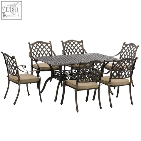Dark bronze cast aluminium garden patio dining set with six cushioned chairs and rectangle dining table with parasol hole