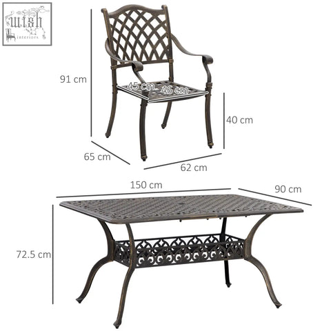 Dark bronze cast aluminium patio set with six cushioned lattice-back chairs and matching dining table for outdoor use