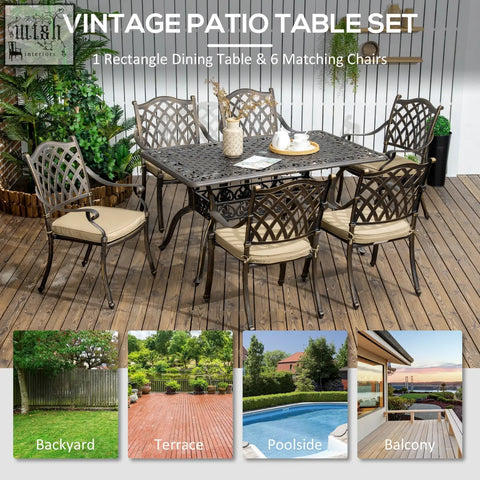 Vintage bronze tone cast aluminium dining table set with six cushioned chairs featuring lattice design for outdoor use