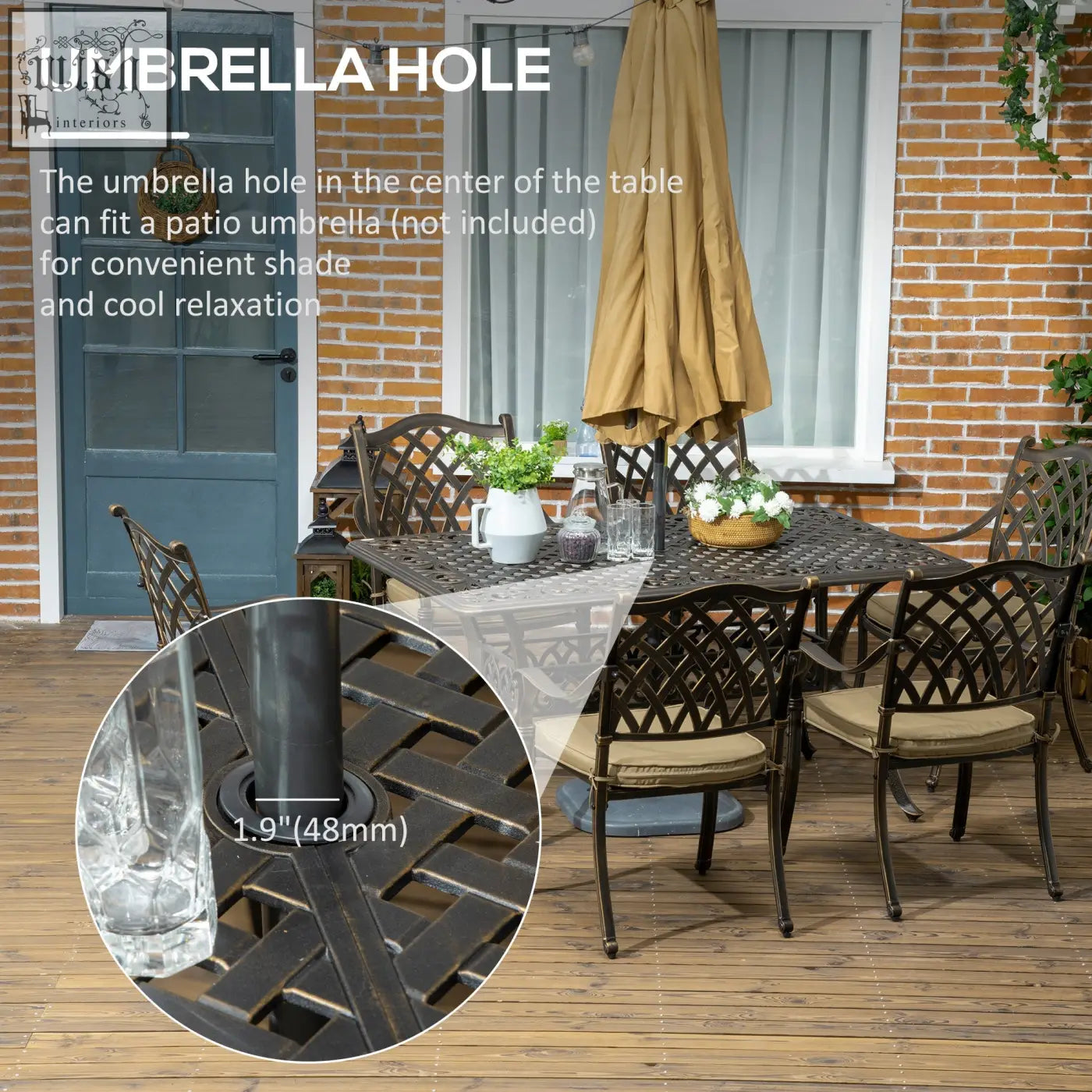 Dark bronze cast aluminium dining table with lattice design and parasol hole from outsunny 7 pcs set with six chairs