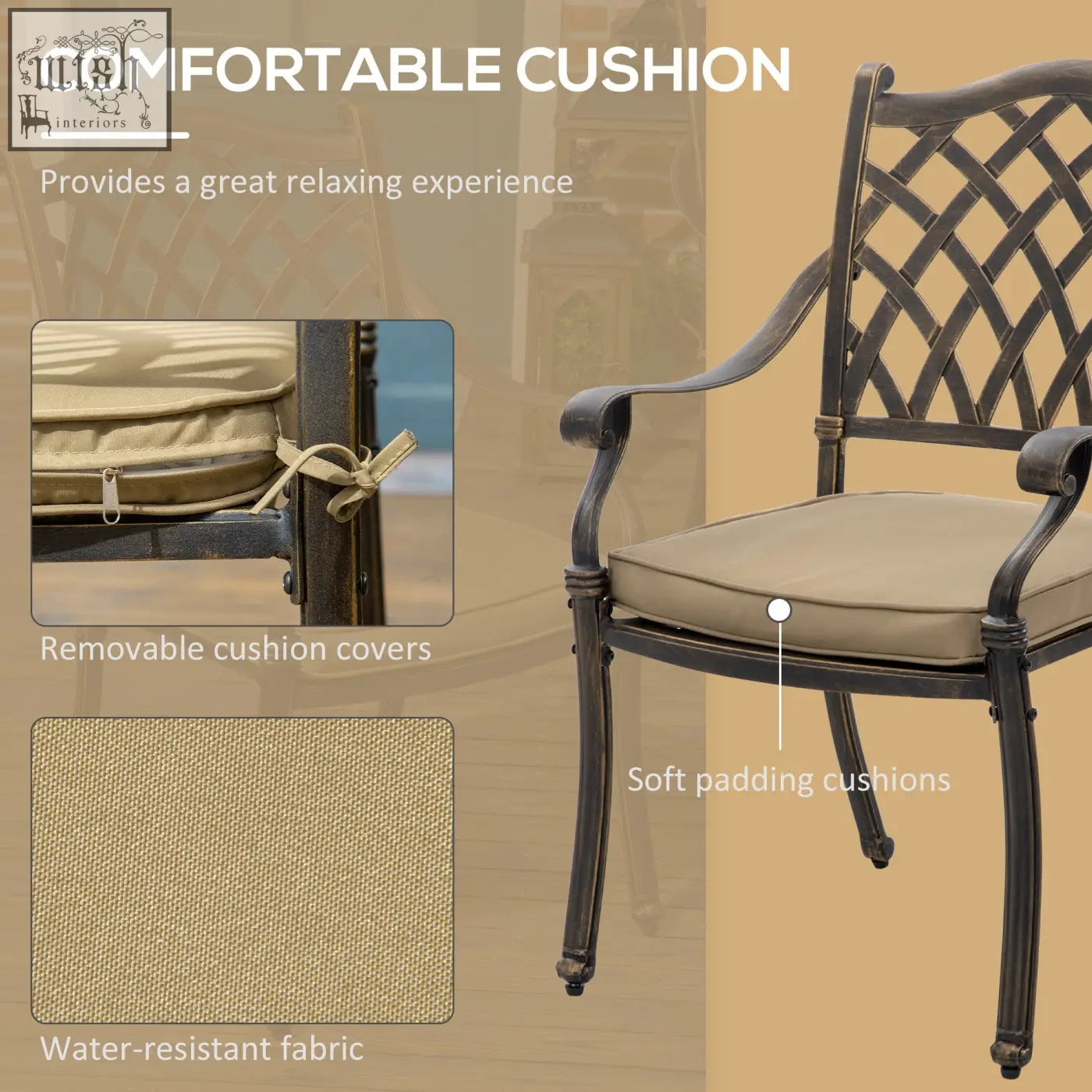 Beige cushion with soft padding and water-resistant fabric for cast aluminium dining table and six chairs outdoor set