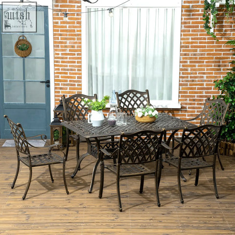 Dark bronze cast aluminium garden patio dining set with six cushioned chairs and rectangle dining table with parasol hole