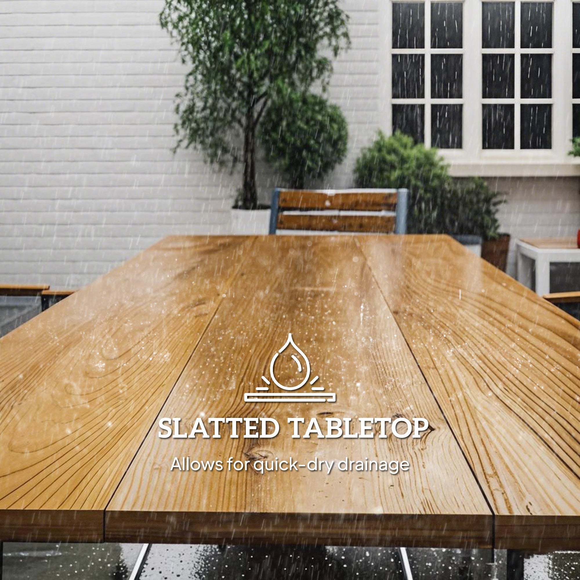 Wooden slatted fir wood tabletop with natural finish and umbrella hole in outsunny 7 piece garden furniture set